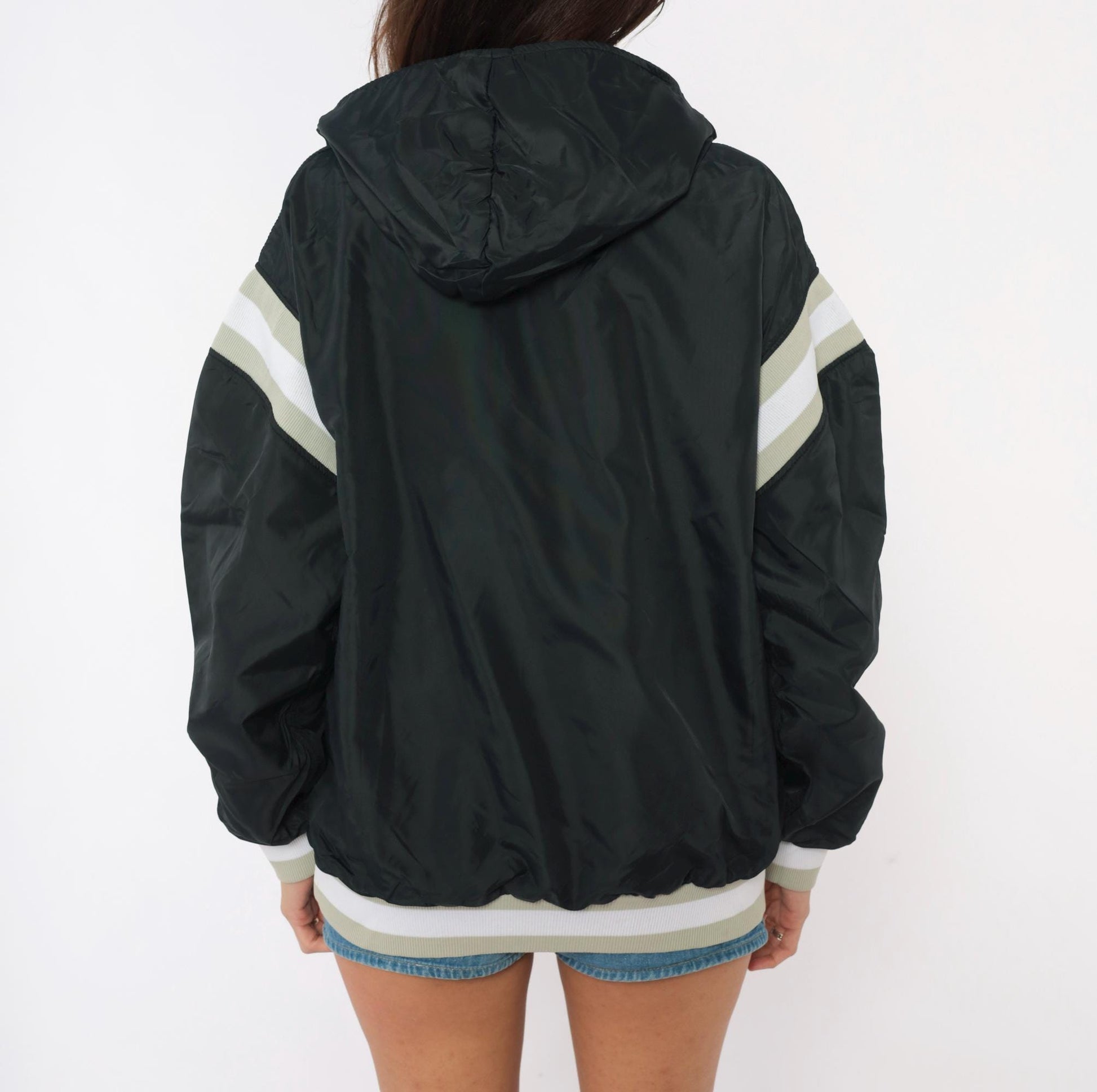 90s Russell Athletic Black Hooded Windbreaker Striped Sleeve Small