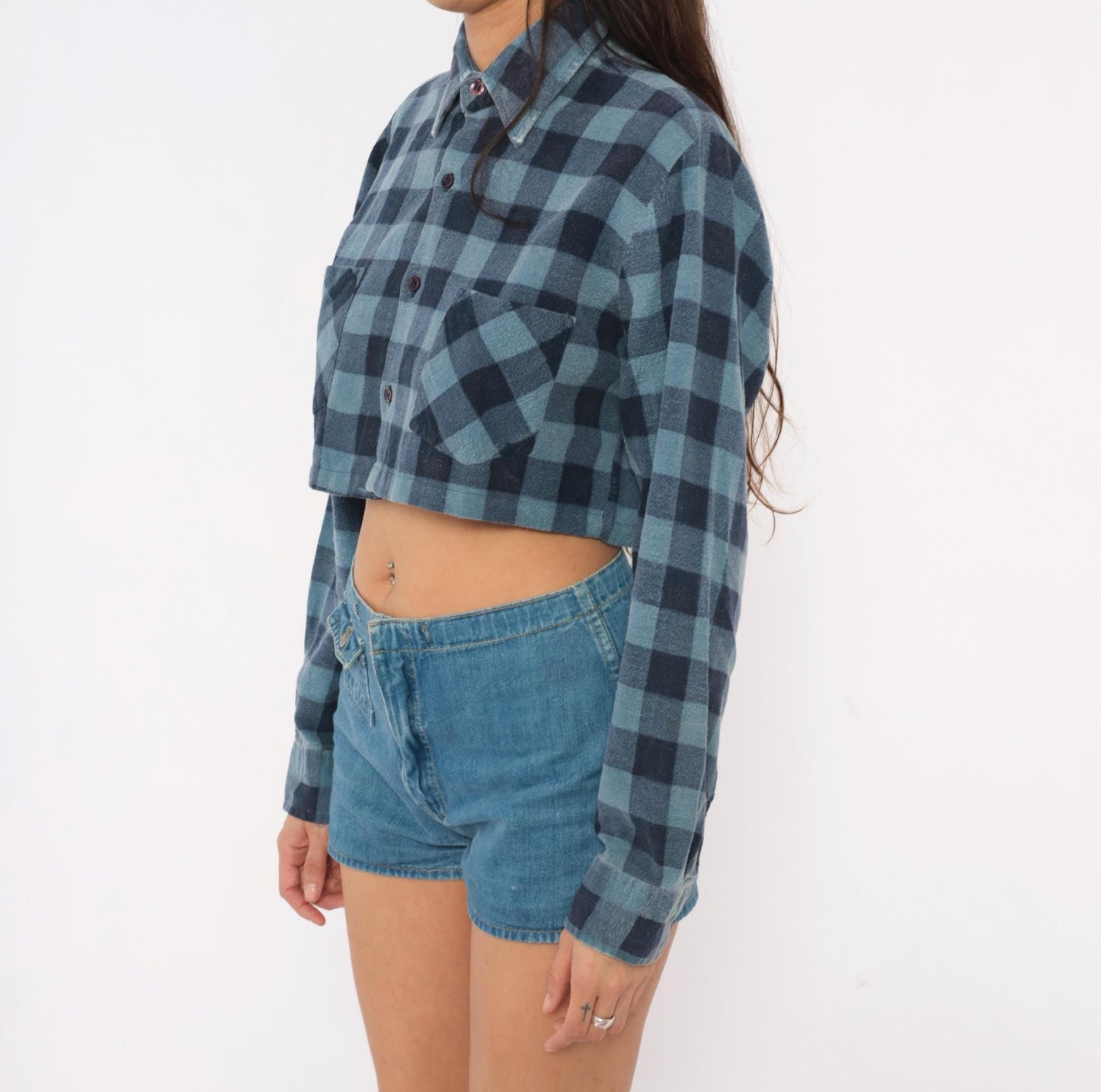90s Dickies Buffalo Plaid Flannel Shirt Cropped Blue Navy Cotton Small