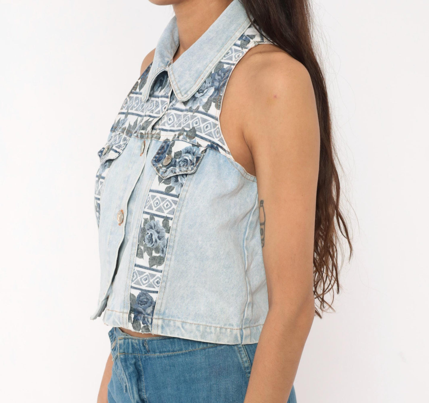 90s Sharnel Denim Vest Cropped Floral Lace-Up Back Light Wash Small
