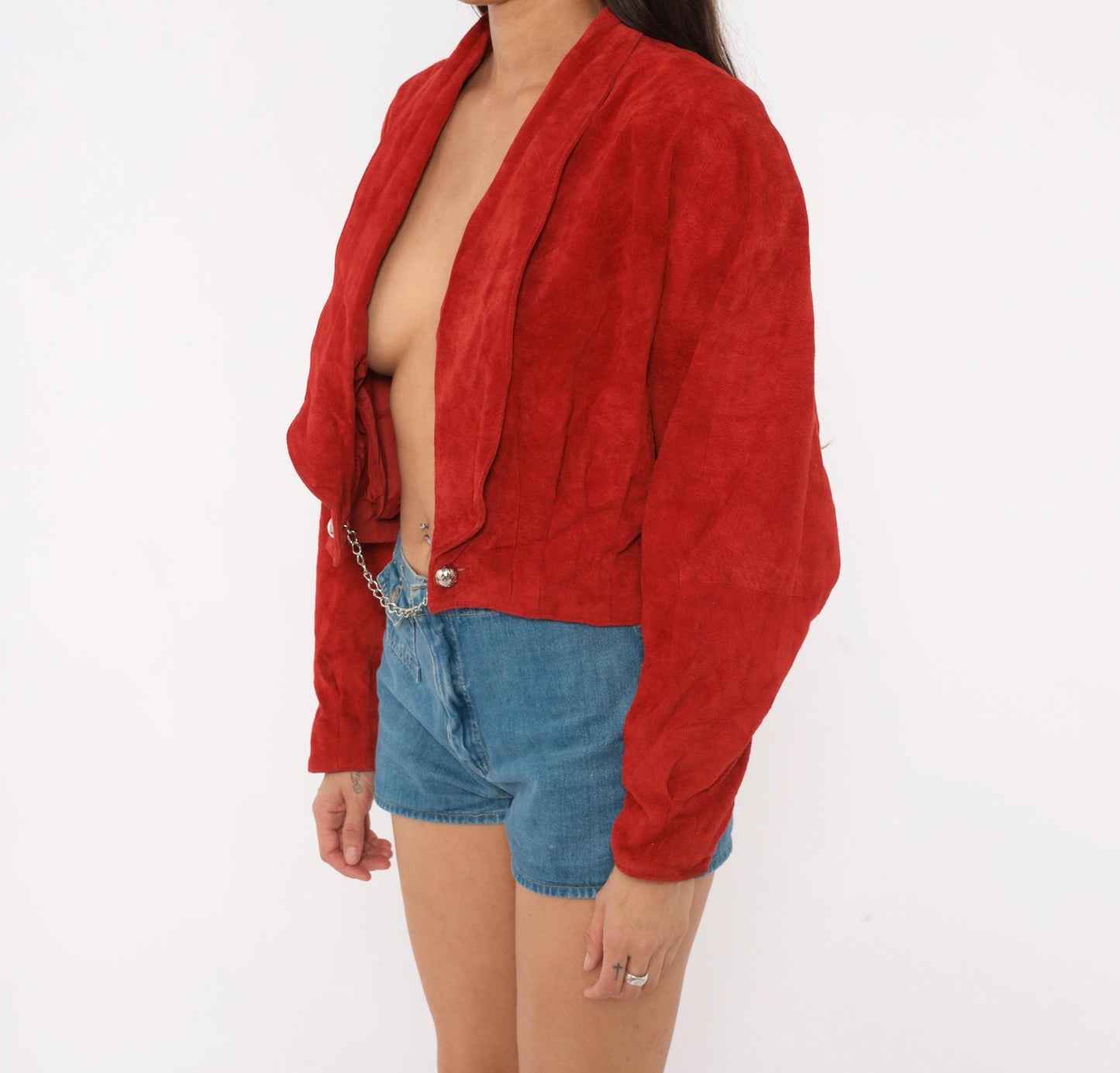 80s Wilsons Red Suede Cropped Jacket Dolman Sleeve Shawl Collar Large L