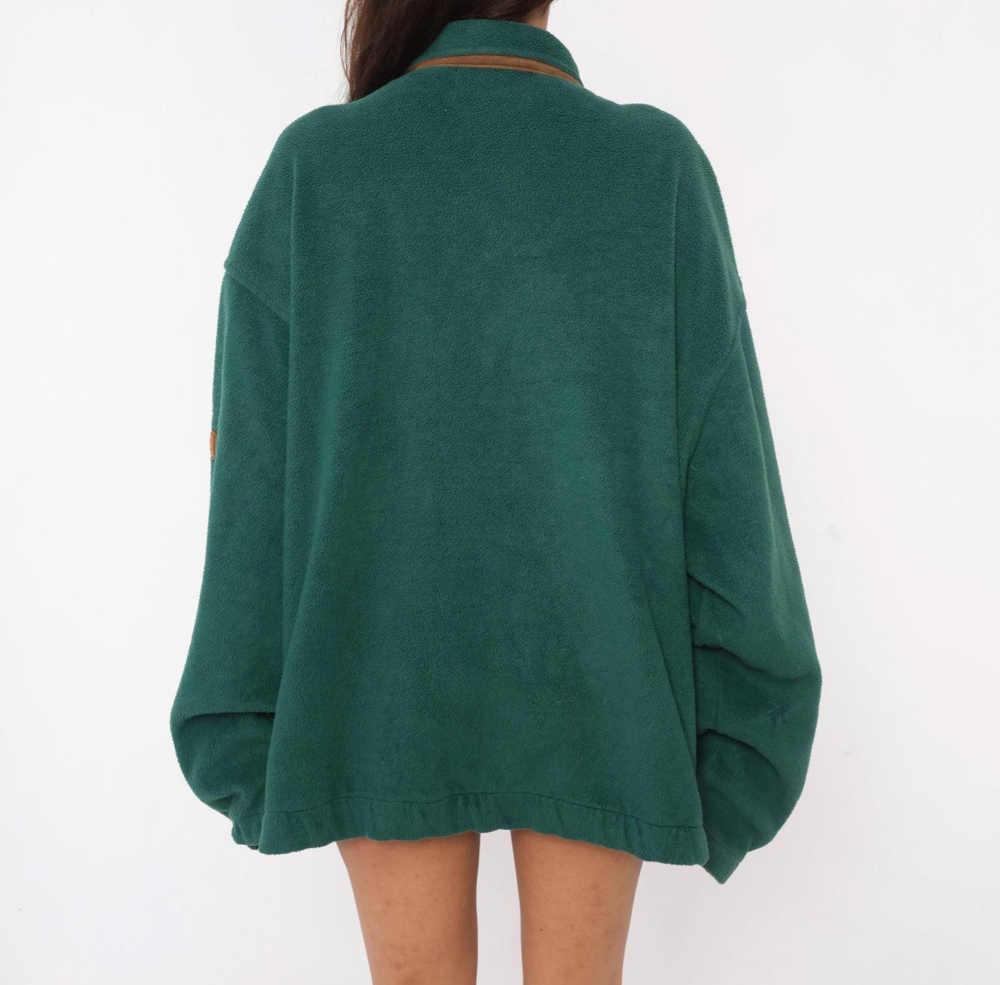 90s Keystone Forest Green Full Zip Fleece Jacket Brown Leather Trim Large L