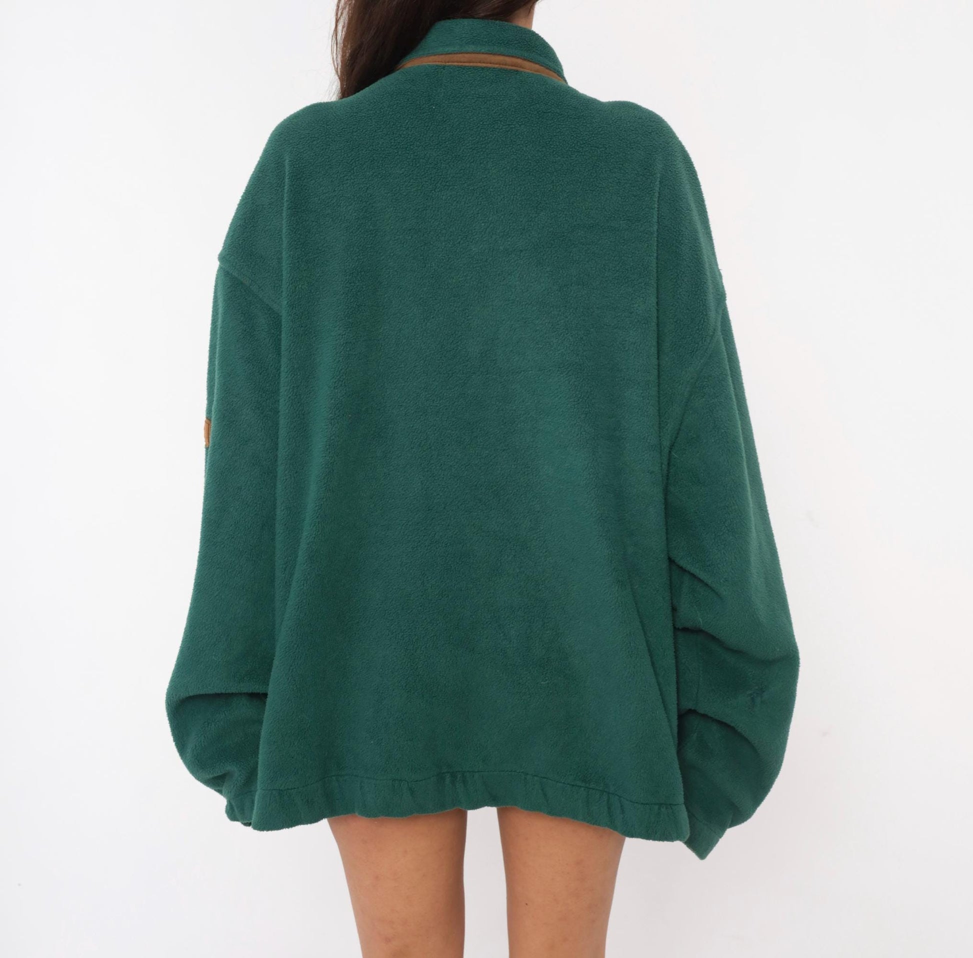 90s Keystone Forest Green Full Zip Fleece Jacket Brown Leather Trim Large L