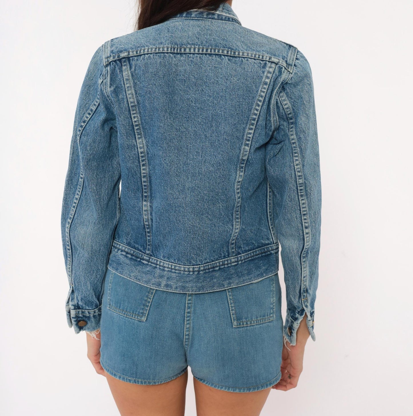 80s Ms Lee Denim Jacket Blue Cropped Trucker Pointed Collar Extra Small XS