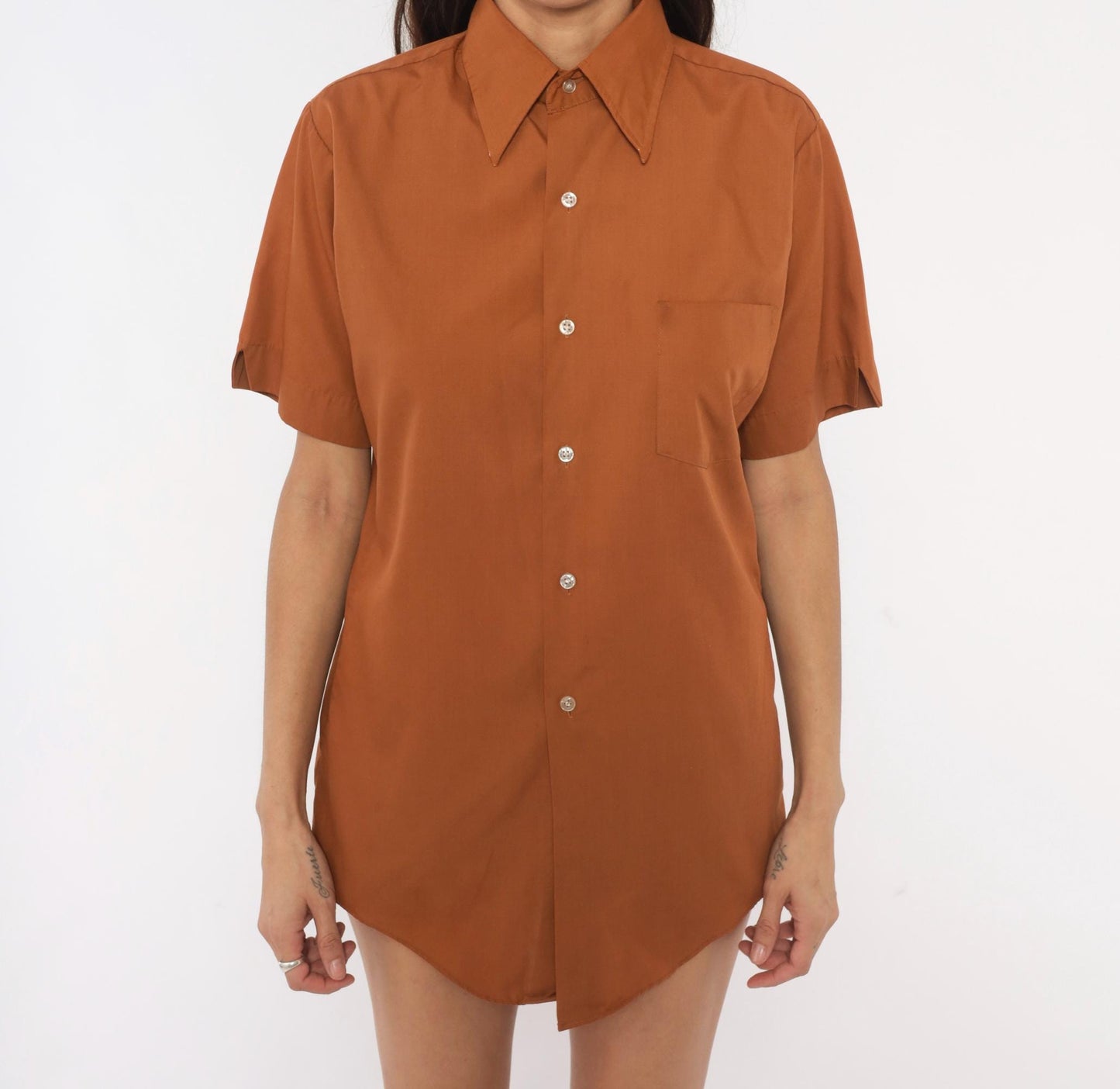 70s Fleetline Rust Button-Up Shirt Pointed Collar Short Sleeve Small