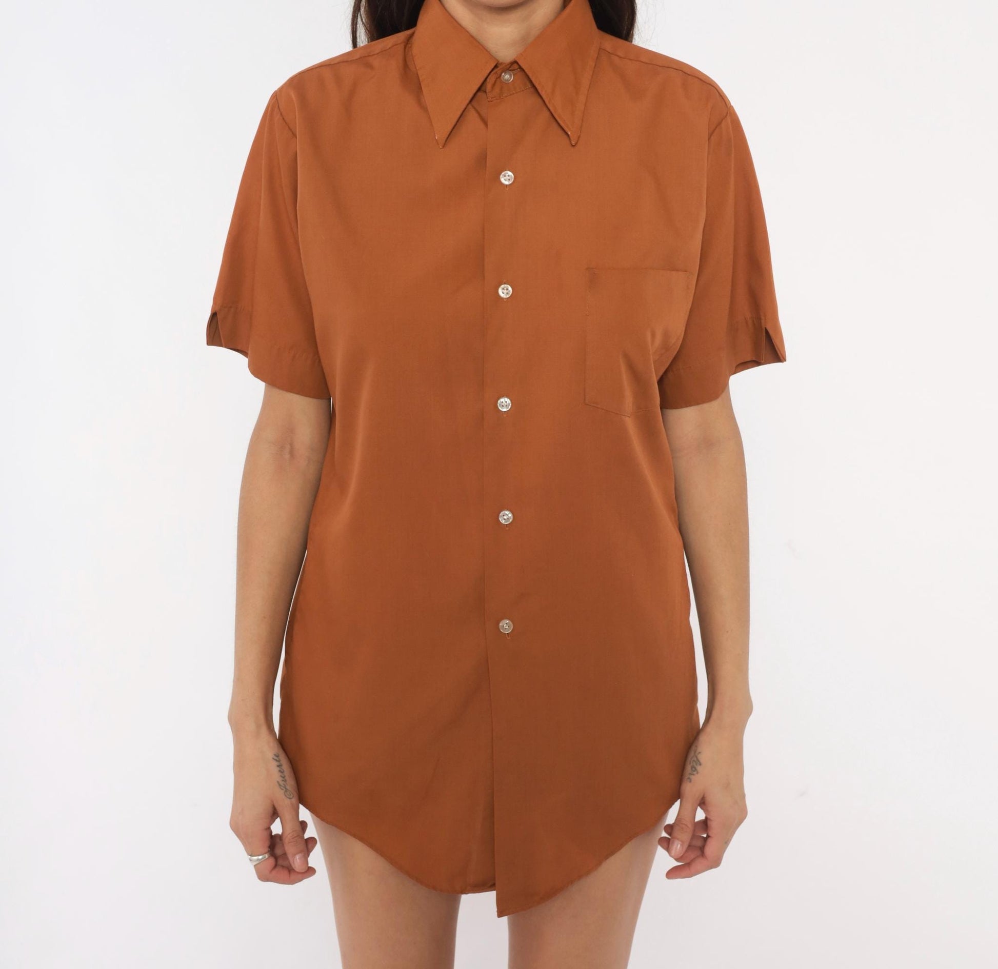 70s Fleetline Rust Button-Up Shirt Pointed Collar Short Sleeve Small