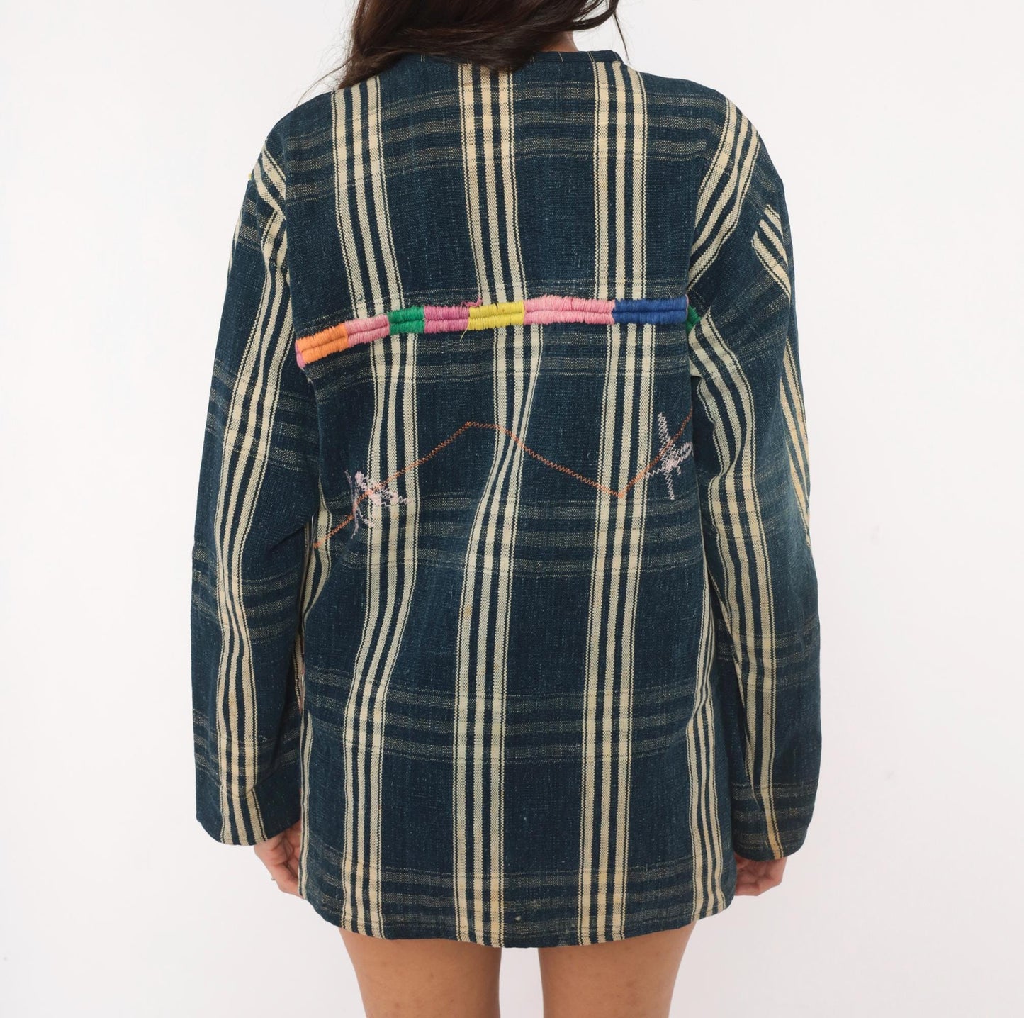 90s Guatemalan Huipil Handwoven Cotton Tunic Indigo Embroidered Medium M