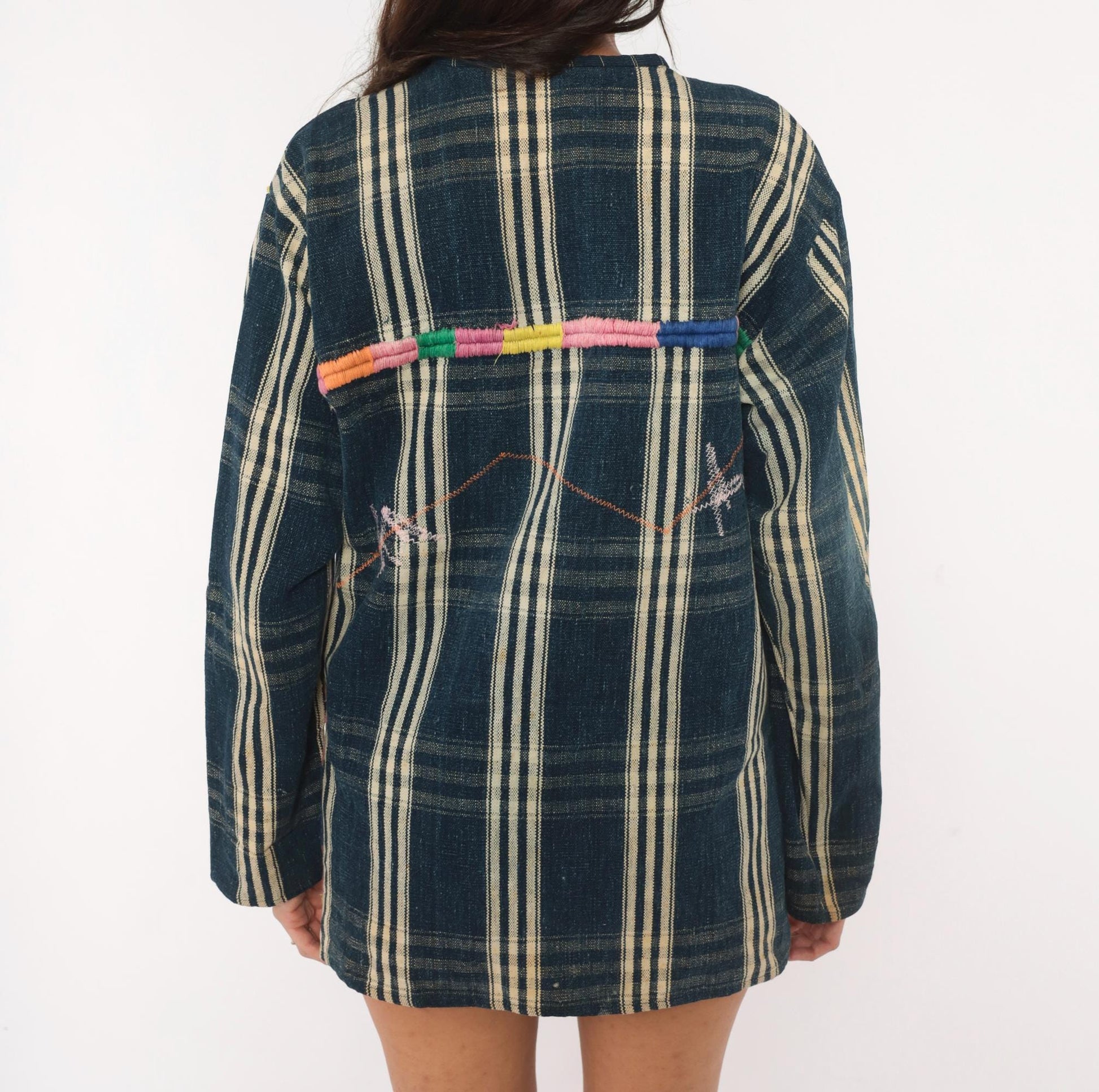 90s Guatemalan Huipil Handwoven Cotton Tunic Indigo Embroidered Medium M
