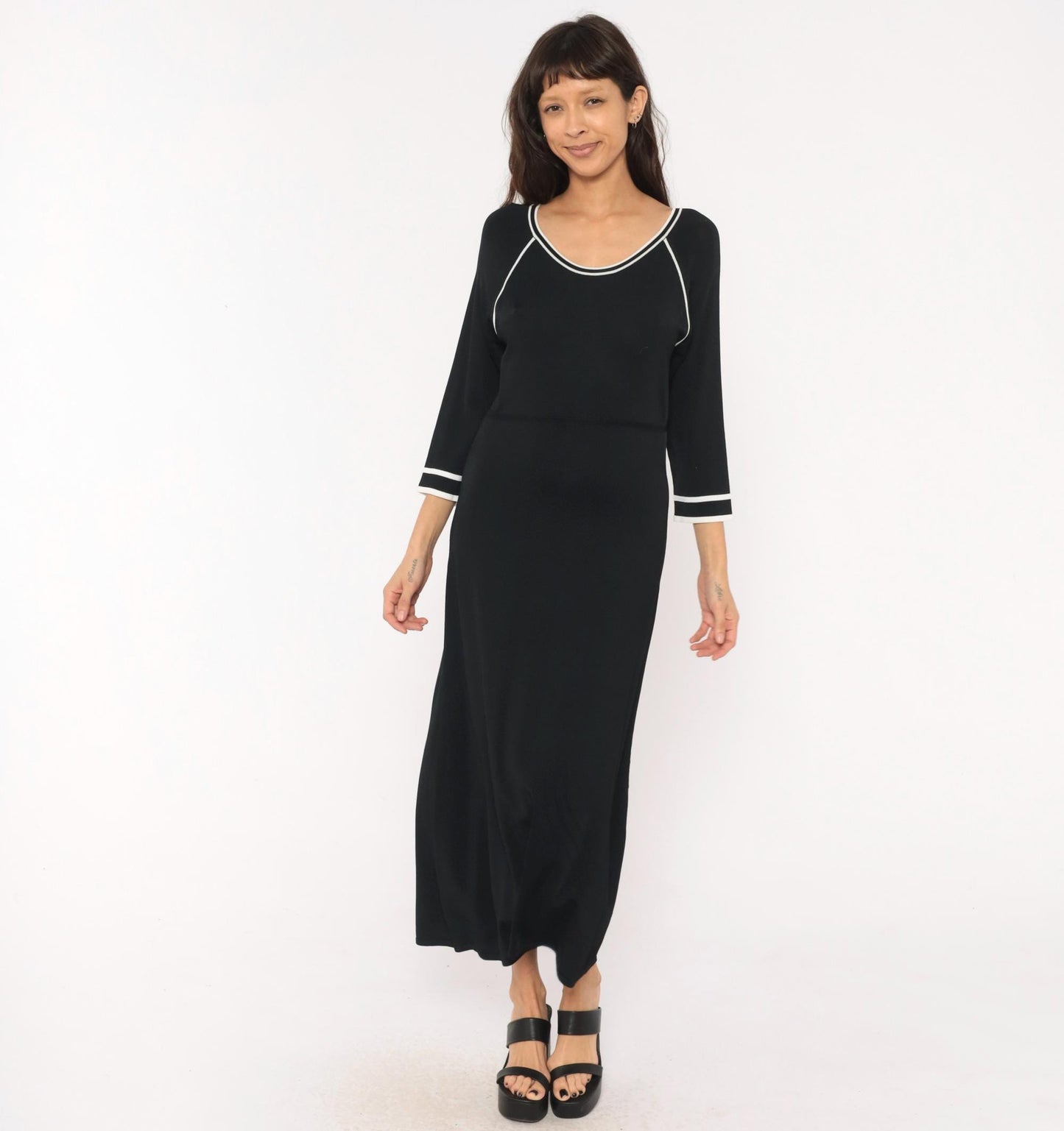 90s Norm Thompson Black Knit Maxi Dress Scoop Neck White Piping Small