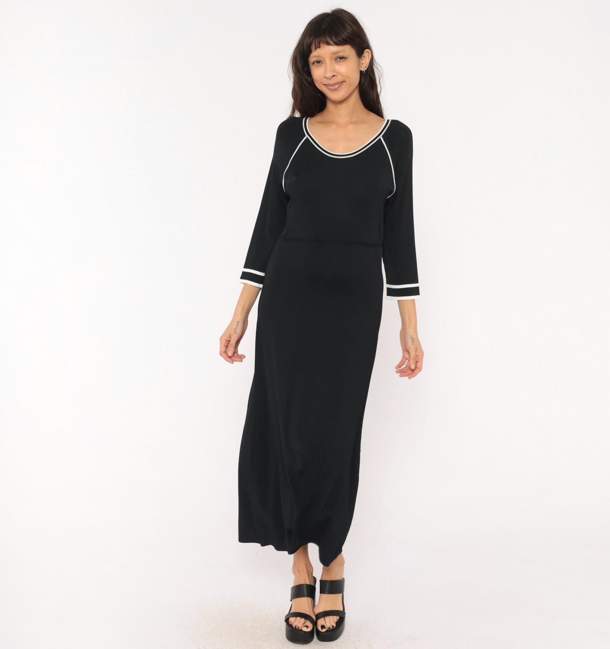 90s Norm Thompson Black Knit Maxi Dress Scoop Neck White Piping Small