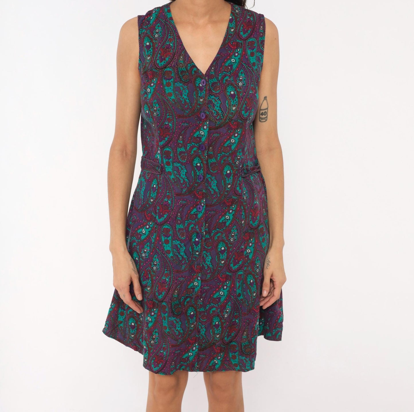 80s Tr Bentley Paisley Floral Dress Purple Teal Button Front Sleeveless Medium