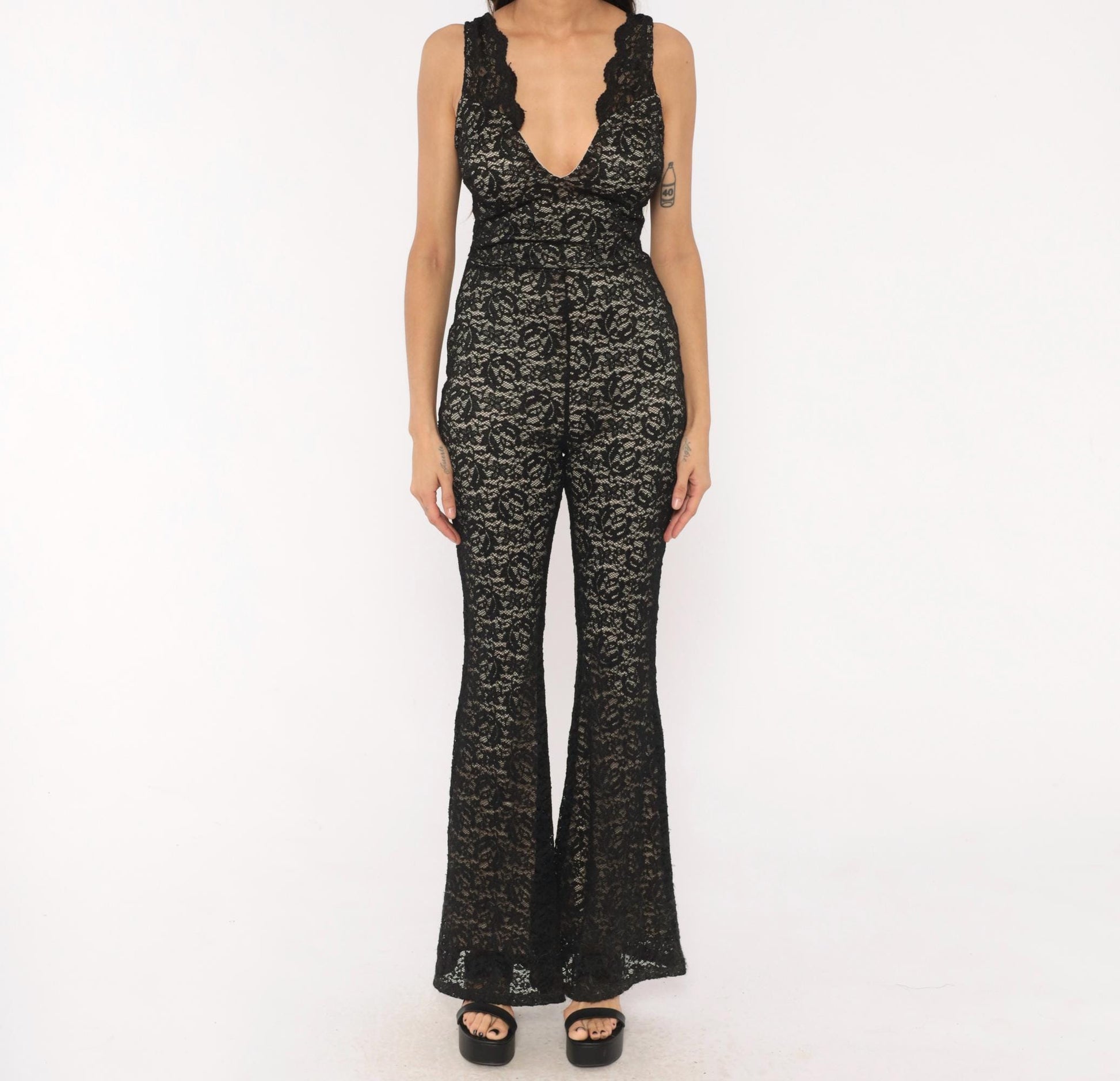 2000s Cameo Black Lace Jumpsuit Flare Leg Deep V Neck Medium M