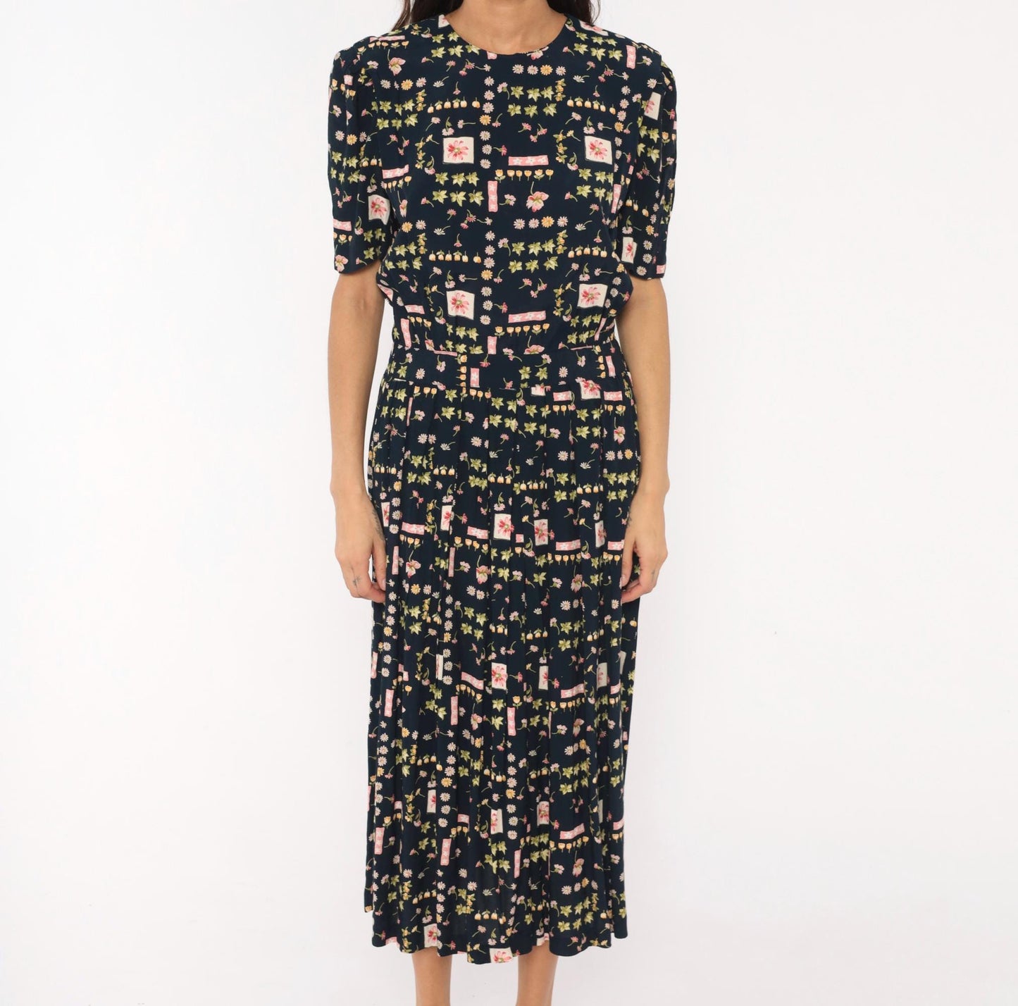 90s Karin Stevens Botanical Midi Dress Navy Floral Puff Sleeve Medium M
