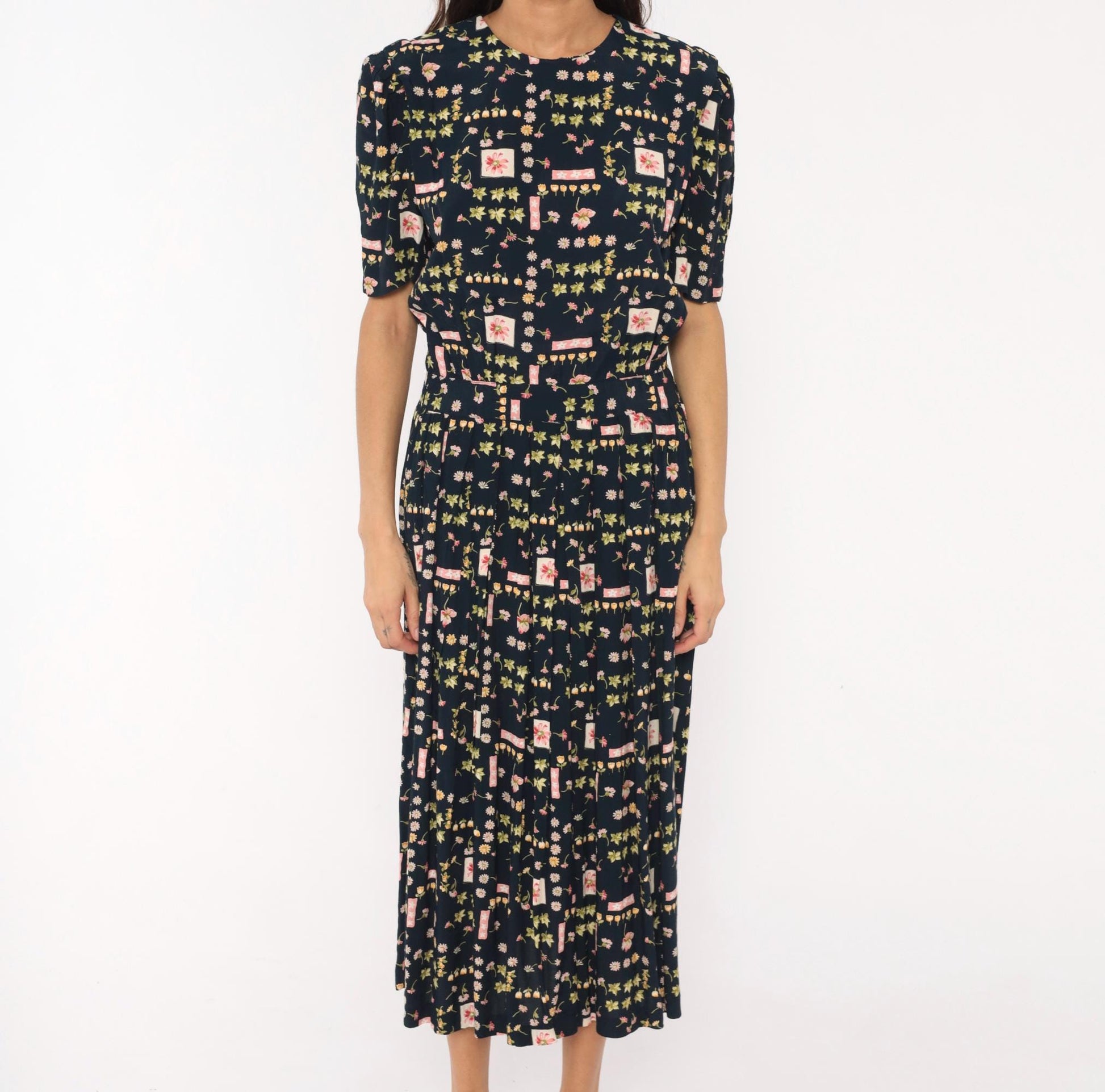 90s Karin Stevens Botanical Midi Dress Navy Floral Puff Sleeve Medium M