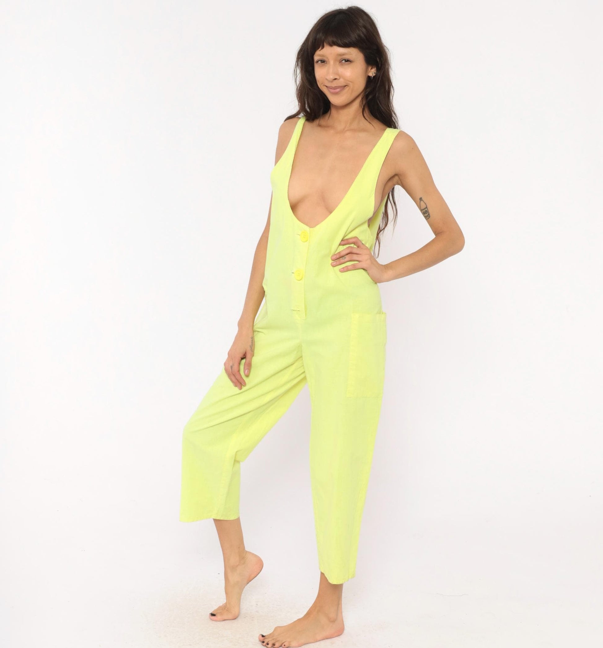90s Ginger Neon Yellow Cotton Jumpsuit Deep V Neck Ankle Length Medium M