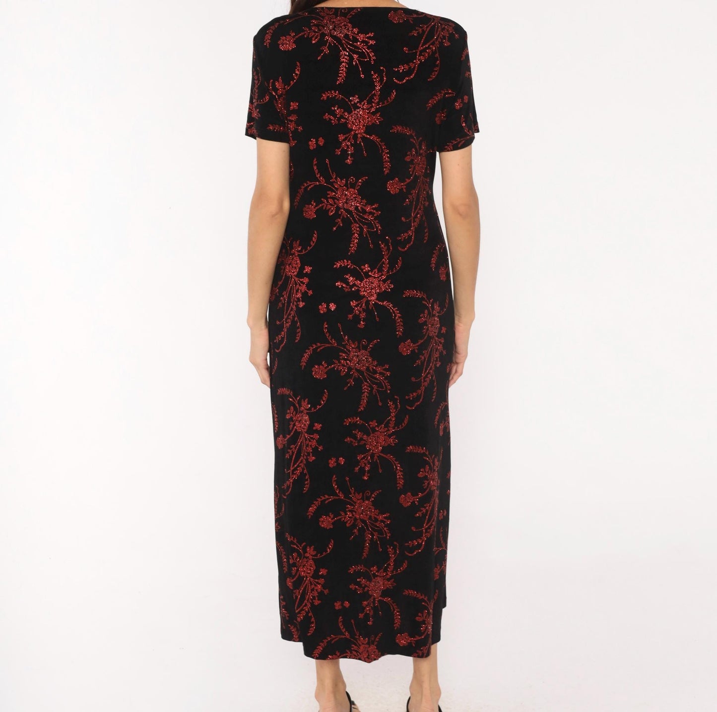 90s Black Maxi Dress Red Glitter Floral Print Short Sleeve Scoop Neck Medium Large