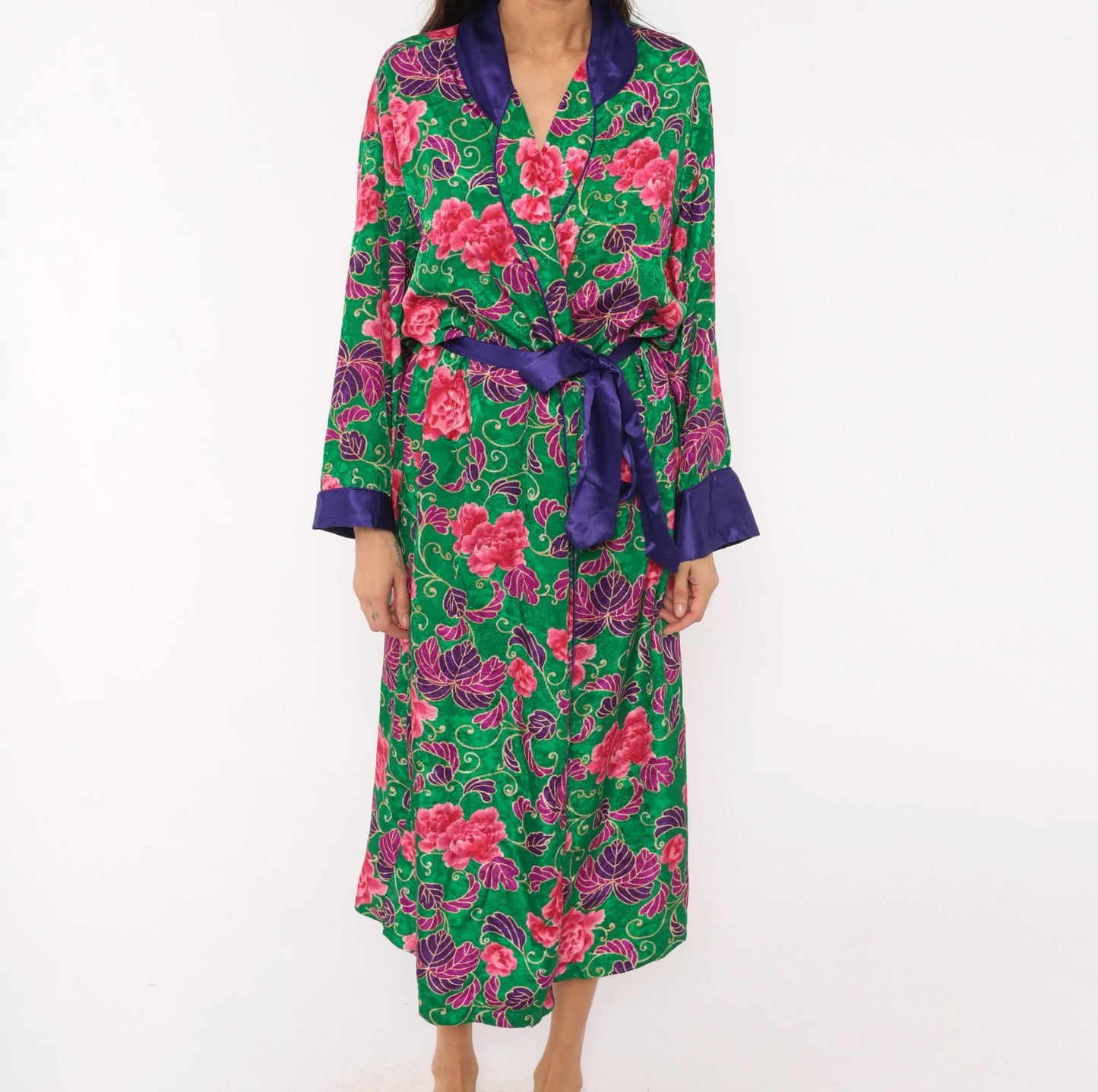 90s Victoria's Secret Green Floral Kimono Robe Satin Trim Medium Large