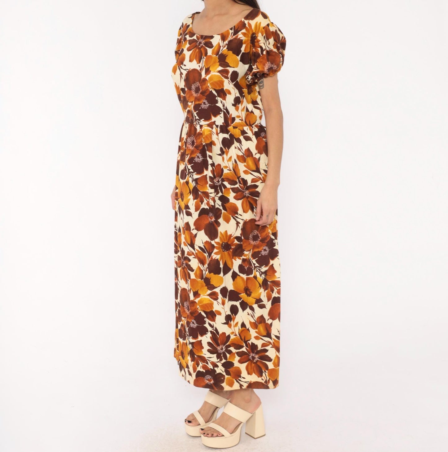 70s Floral Maxi Dress Brown Puff Sleeve Empire Waist Cotton Large L