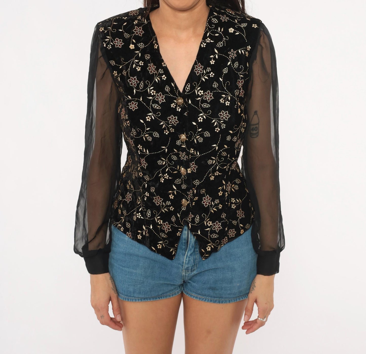 90s Another Thyme Black Velvet Blouse Gold Floral Embroidery Peplum Small