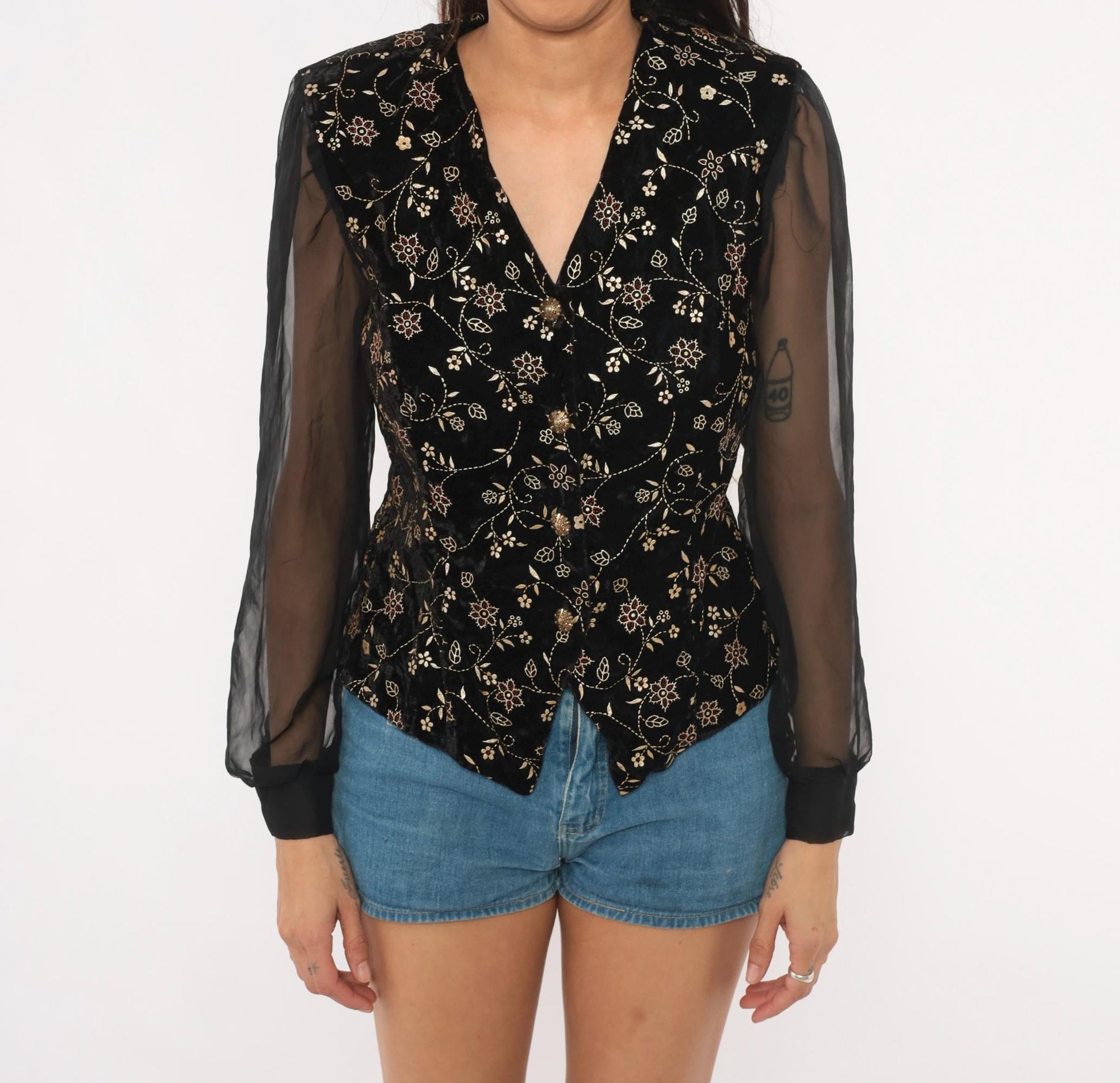 90s Another Thyme Black Velvet Blouse Gold Floral Embroidery Peplum Small
