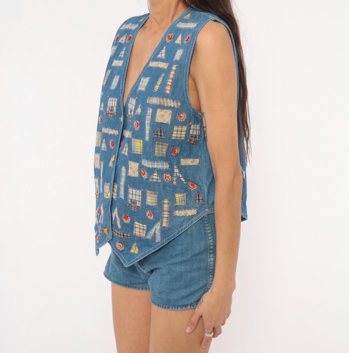 90s New Identity Patchwork Denim Vest Applique Plaid Floral Blue Extra Large XL
