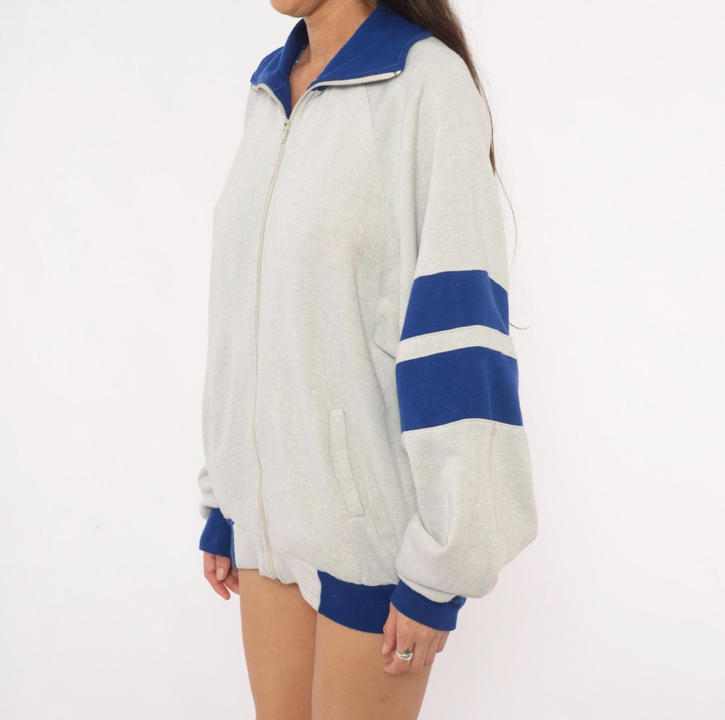 80s Omni LTD Colorblock Zip Sweatshirt Grey Cobalt Striped Large L