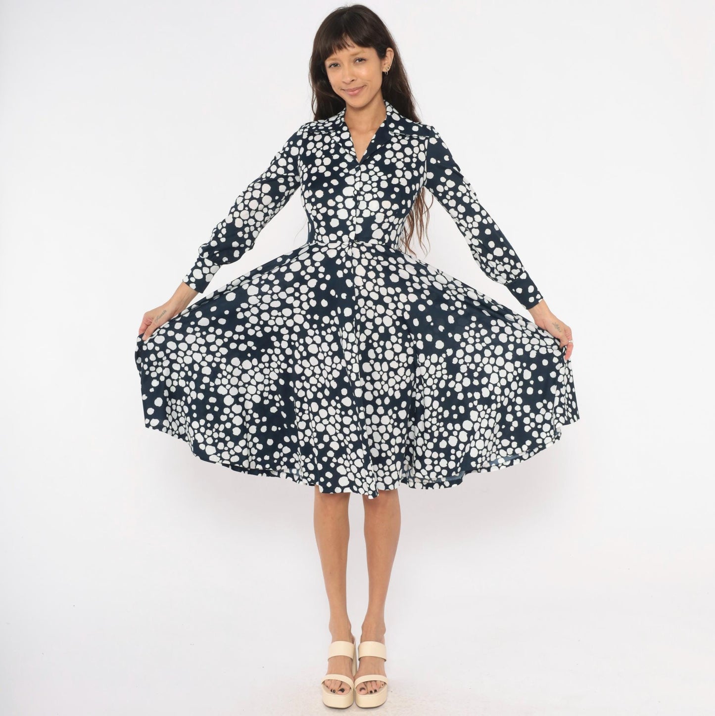 70s Gail Gray Navy Polka Dot Wrap Dress V Neck Button Front Knee Length Extra Small XS