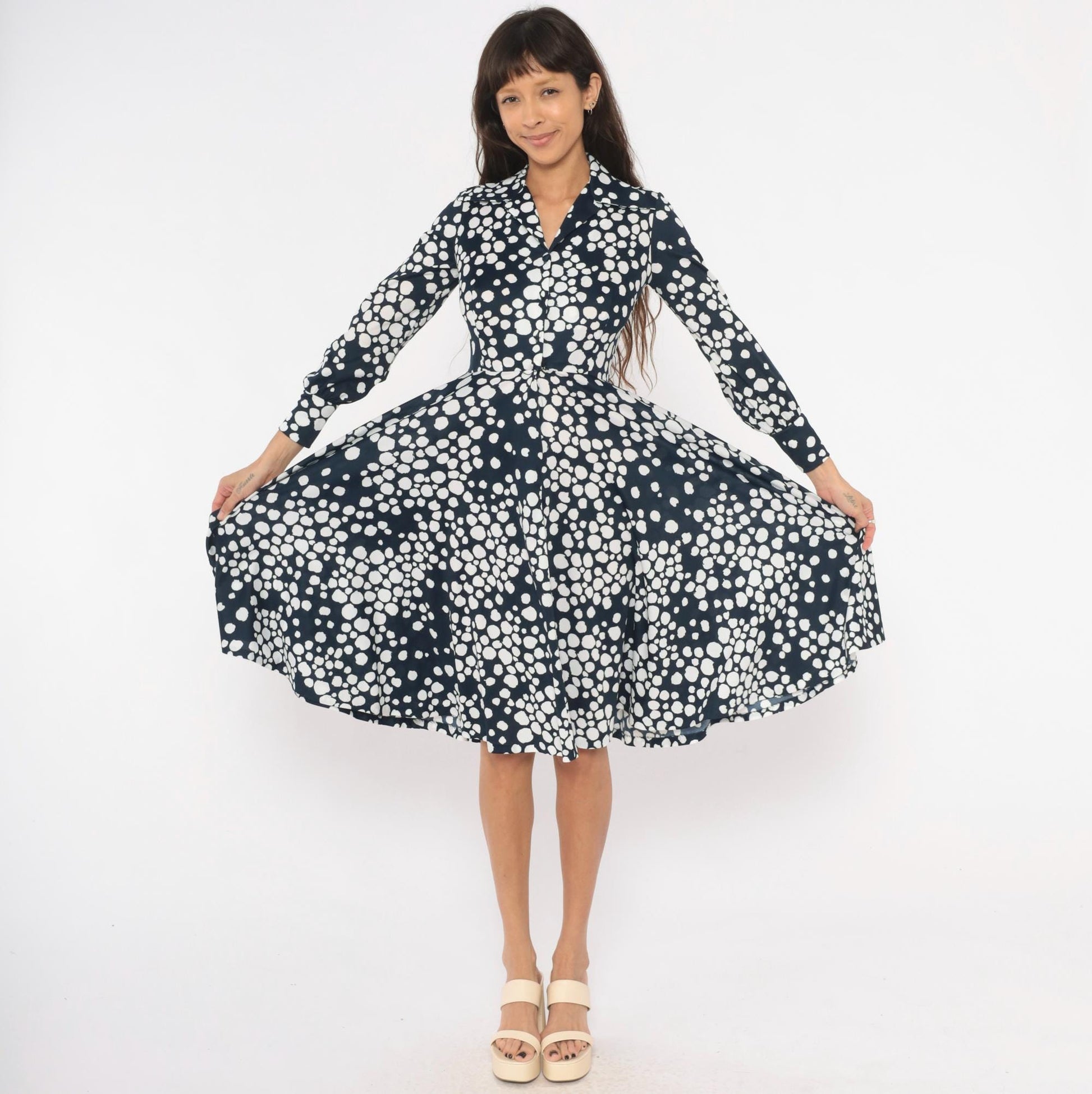70s Gail Gray Navy Polka Dot Wrap Dress V Neck Button Front Knee Length Extra Small XS