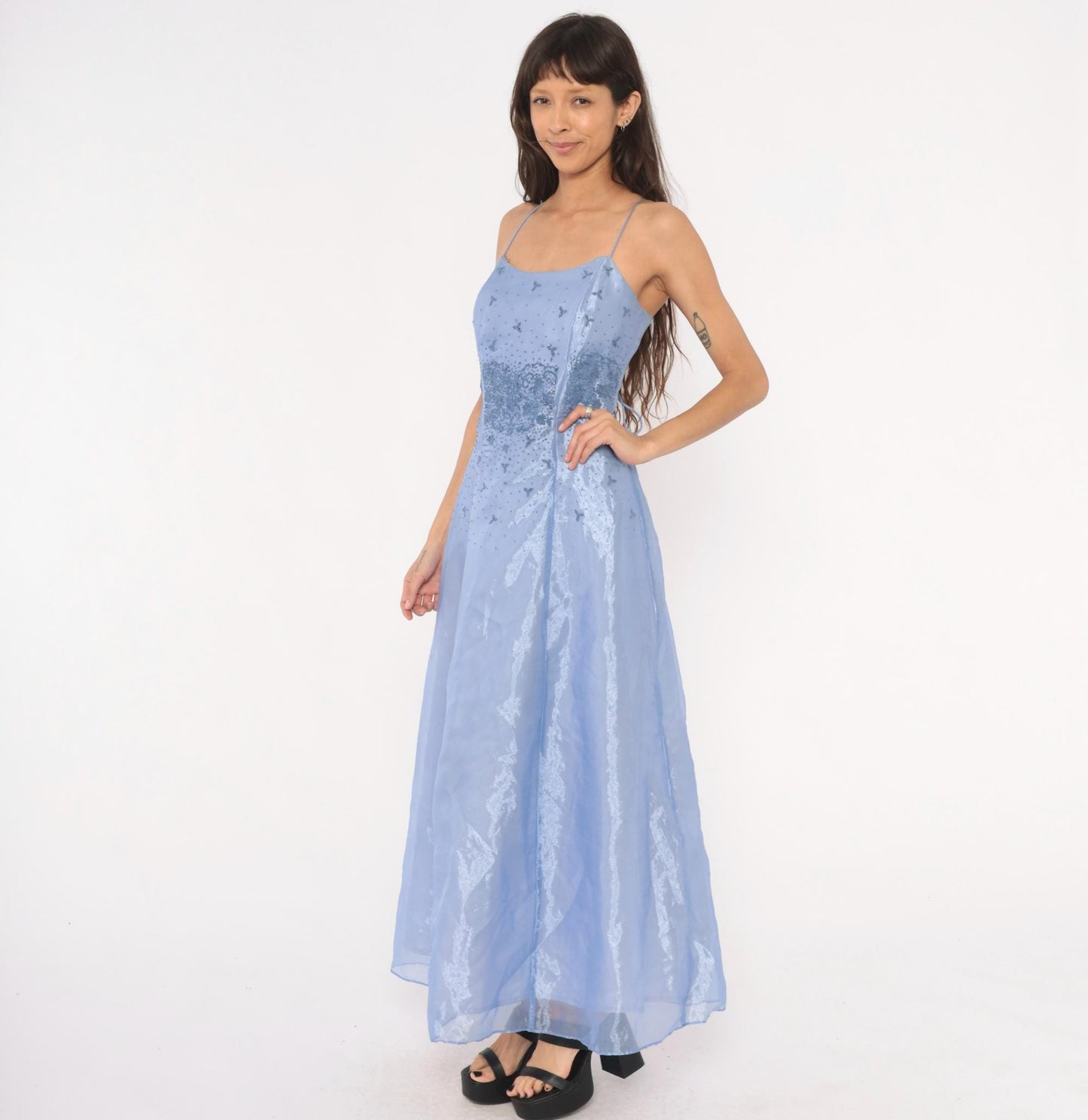90s Kiki USA Periwinkle Beaded Gown Butterfly Embellished Strapless Organza Medium M