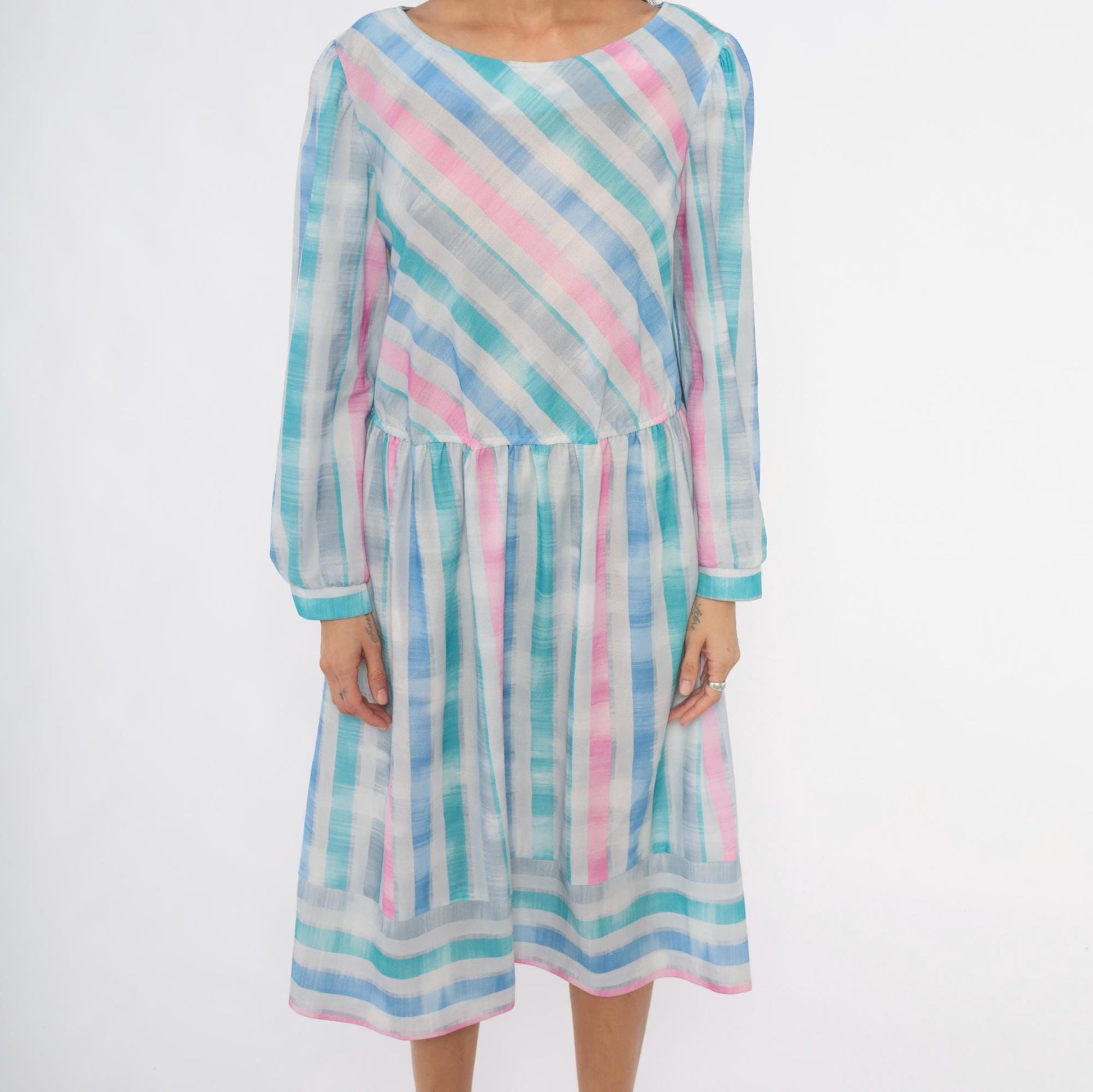 80s Pastel Stripe Diagonal Drop Waist Dress Pink Teal Bishop Sleeve Large L