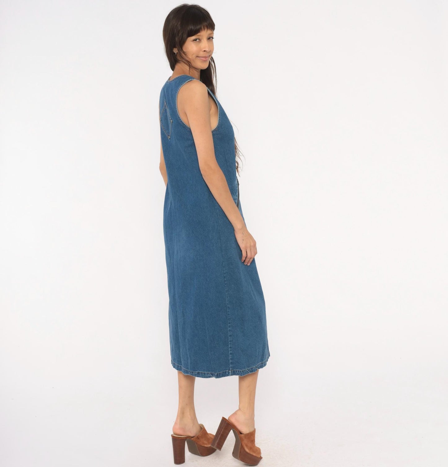 90s Original Ty2 Denim Jumper Dress Midi Button Front Cotton Navy Extra Small