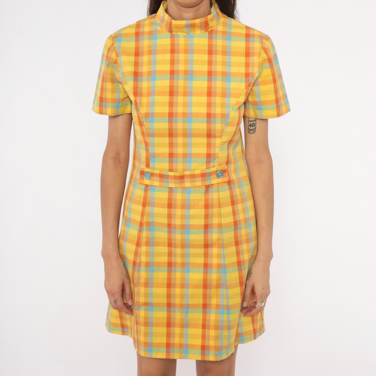 60s Plaid Mini Dress Yellow Orange Blue Check Mock Neck Cotton Small