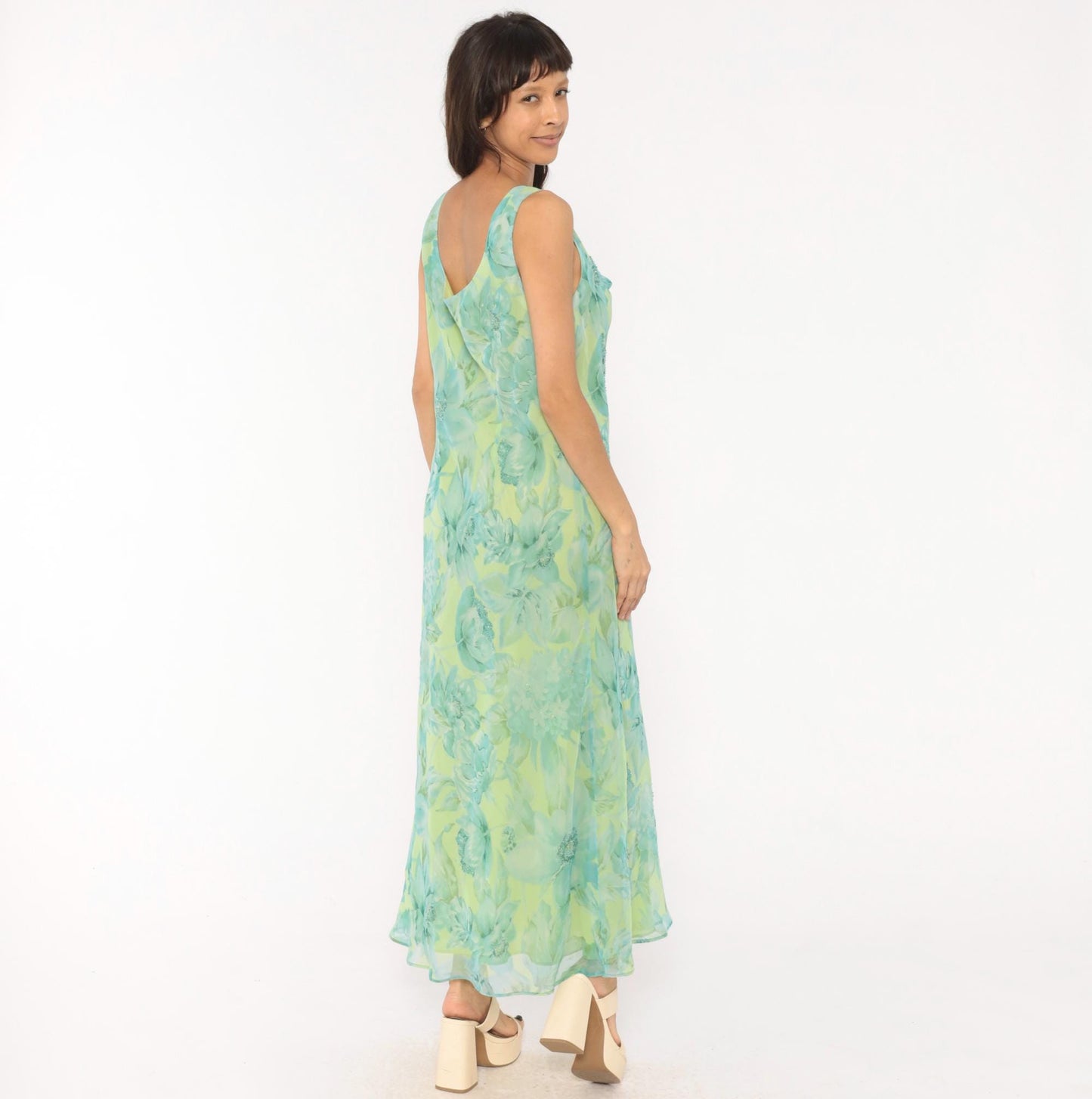 90s Plaza South Floral Chiffon Maxi Dress Aqua Lime Sequin V-Neck Extra Large XXL