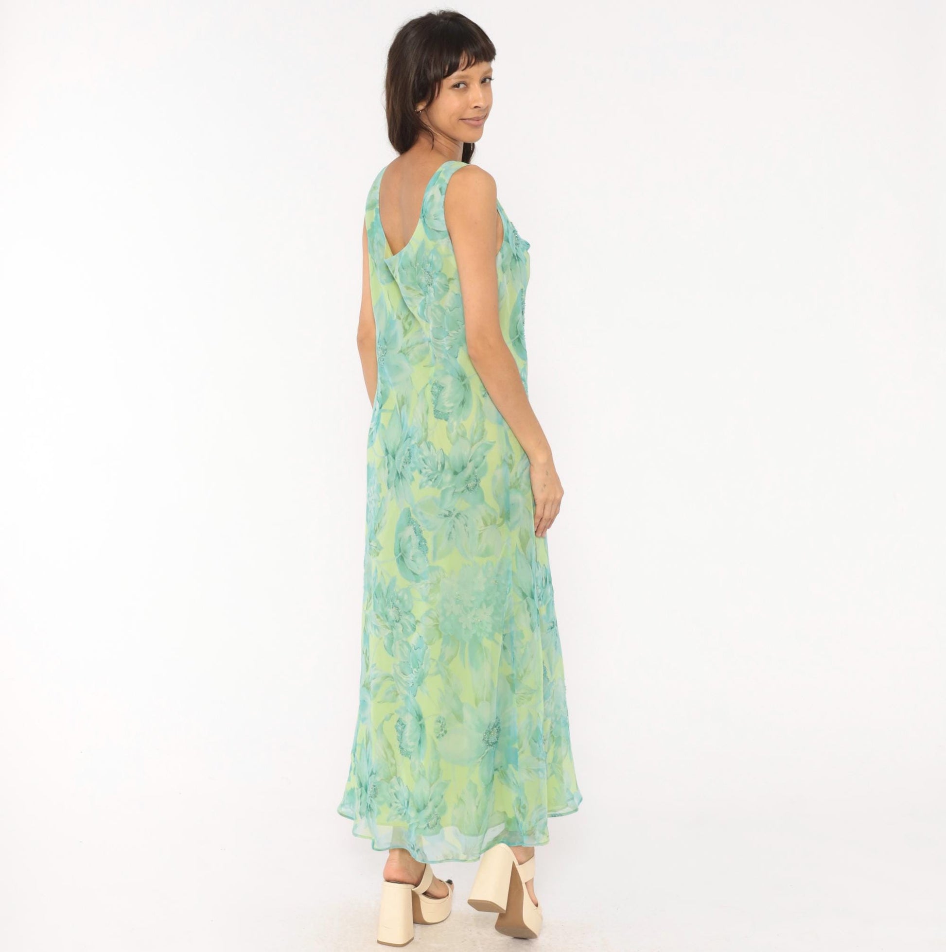 90s Plaza South Floral Chiffon Maxi Dress Aqua Lime Sequin V-Neck Extra Large XXL