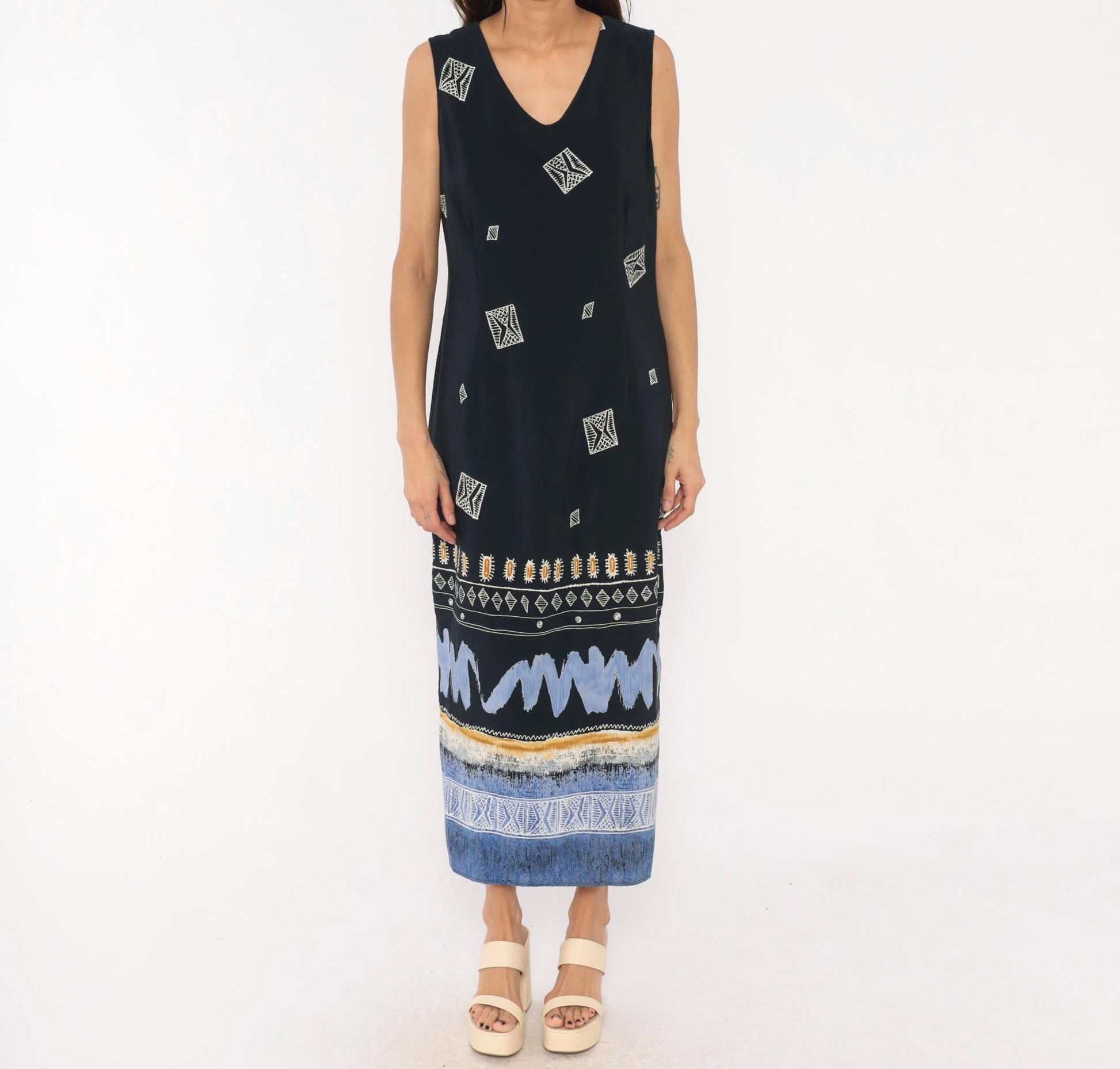 90s Dress Barn Navy Maxi Dress Geometric Tribal Border Sleeveless Large L