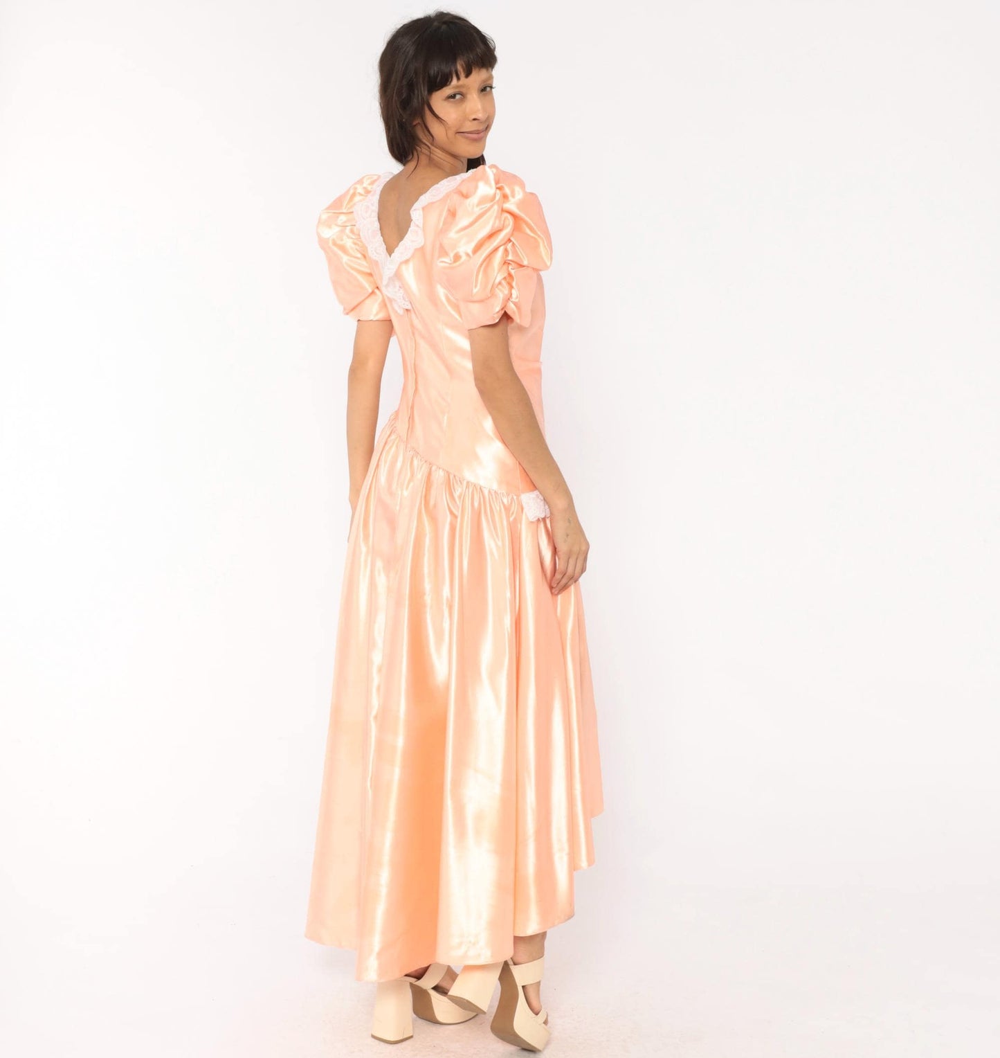 80s Peach Satin Prom Gown Puff Sleeve V Neck Drop Waist Rosette Medium