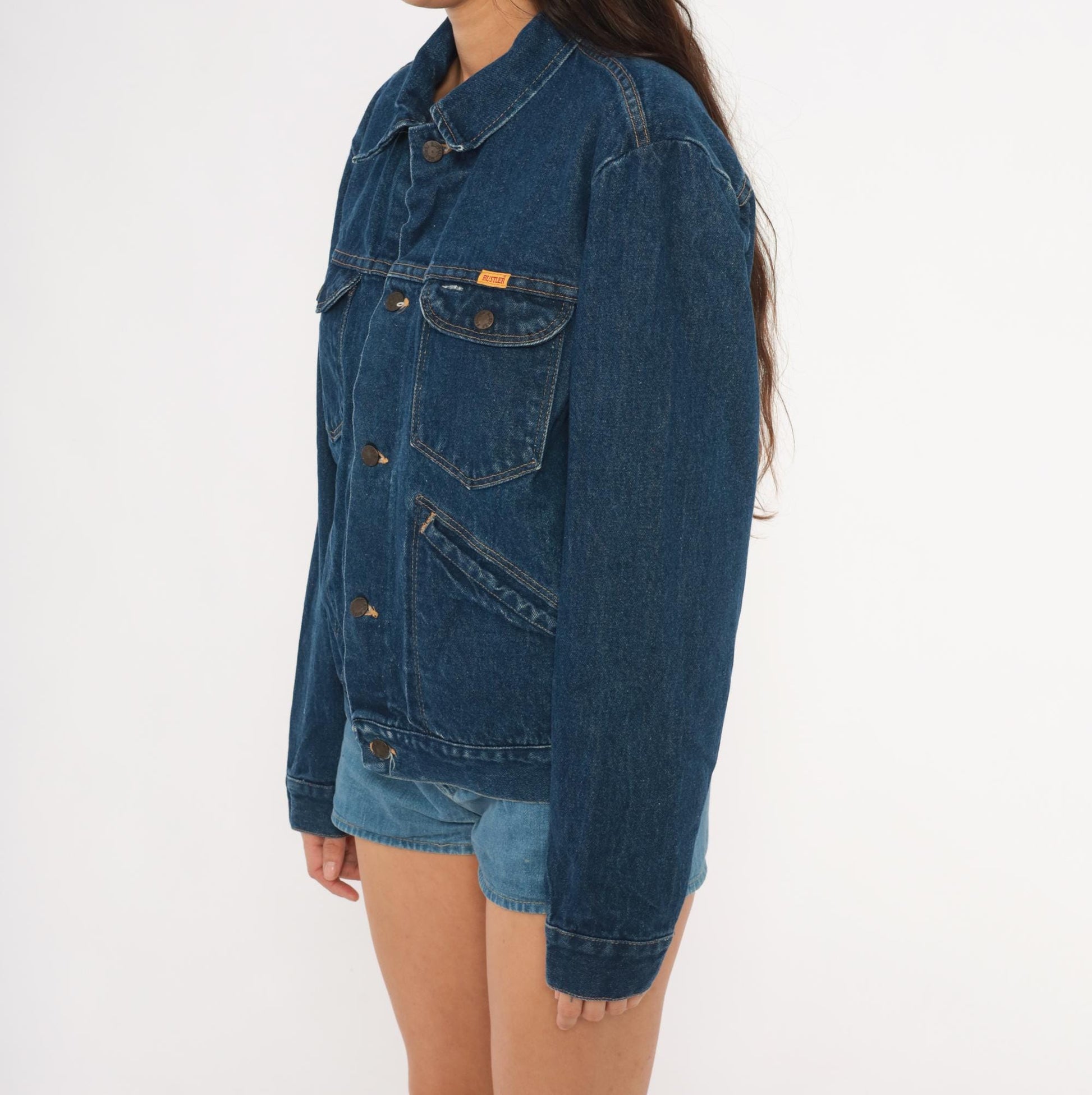 80s Rustler Dark Wash Denim Jacket Cotton Pointed Collar Medium
