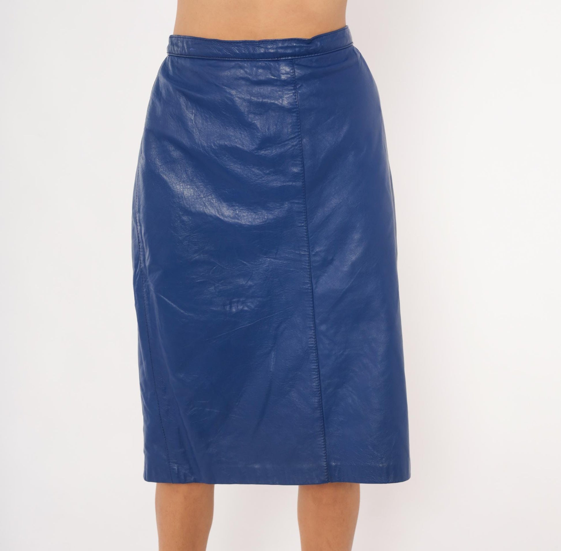 80s Bagatelle Cobalt Faux Leather Pencil Skirt High Waist Midi Side Zip Size 16