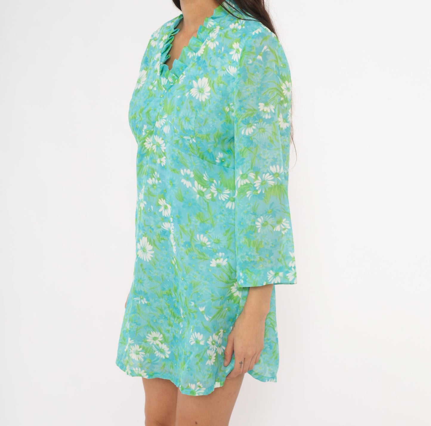 70s Daisy Floral Mini Dress Aqua Bell Sleeve A-Line Large L
