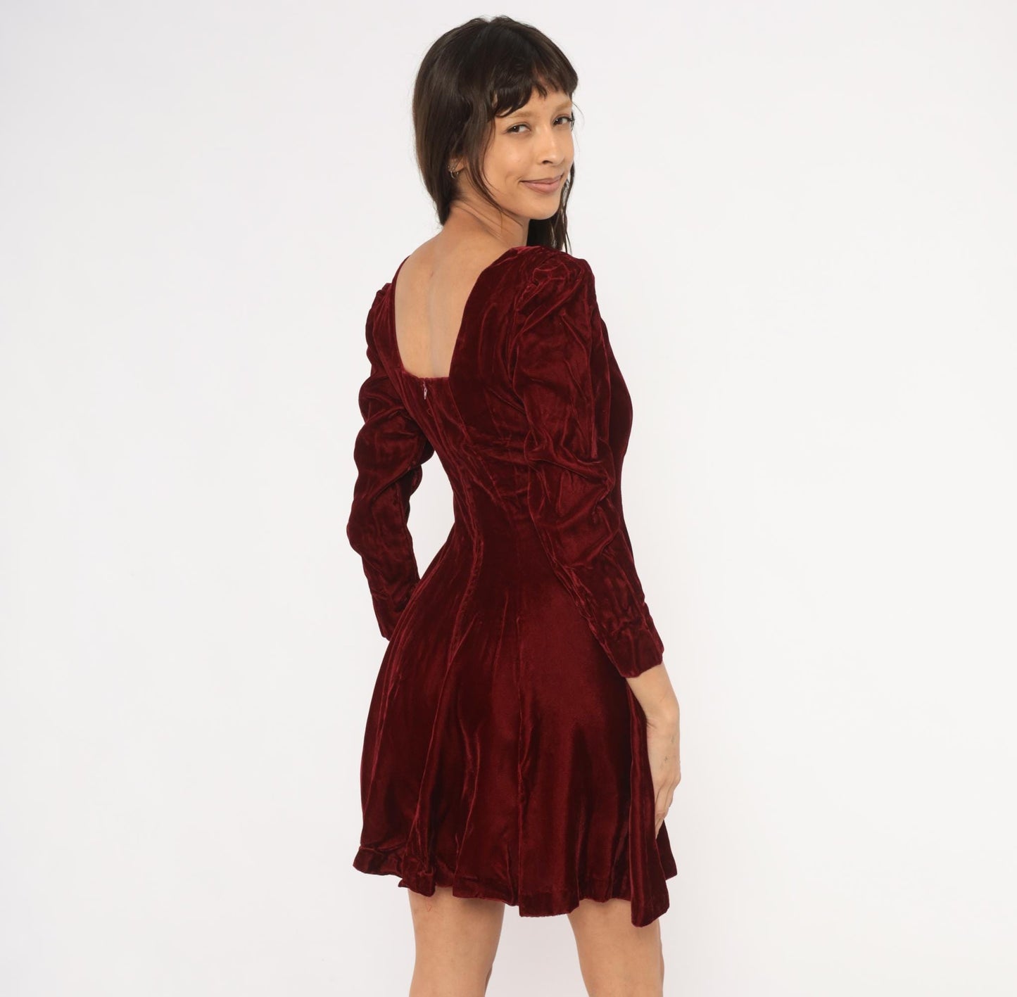 90s Perspective Burgundy Velvet Mini Dress Sweetheart Neckline Puff Sleeve Small S