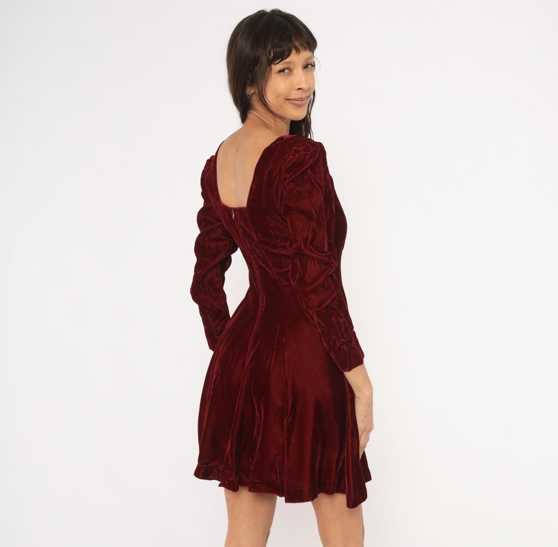 90s Perspective Burgundy Velvet Mini Dress Sweetheart Neckline Puff Sleeve Small S
