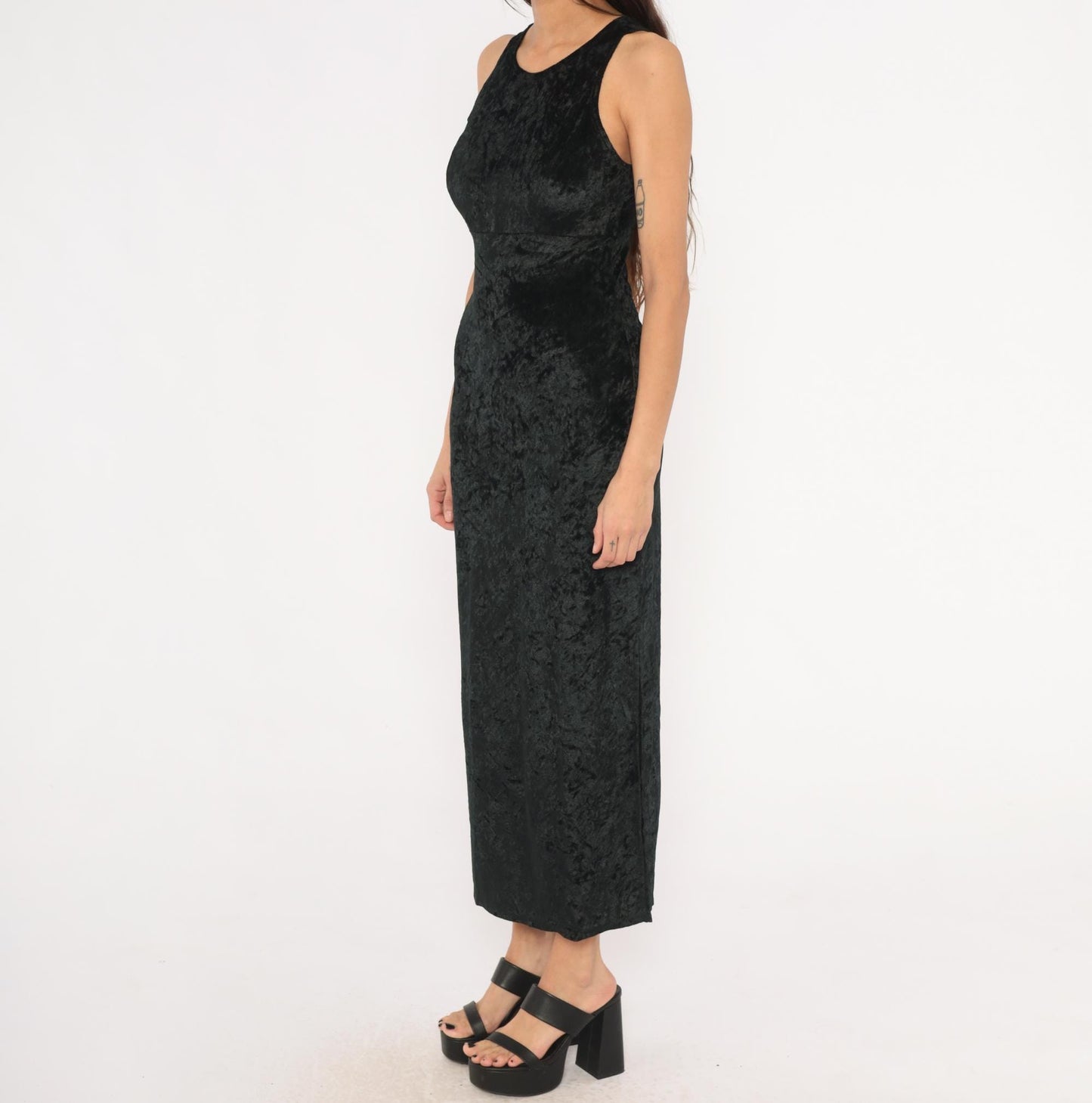 90s Hana Black Crushed Velvet Maxi Dress Sleeveless Scoop Neck Small S