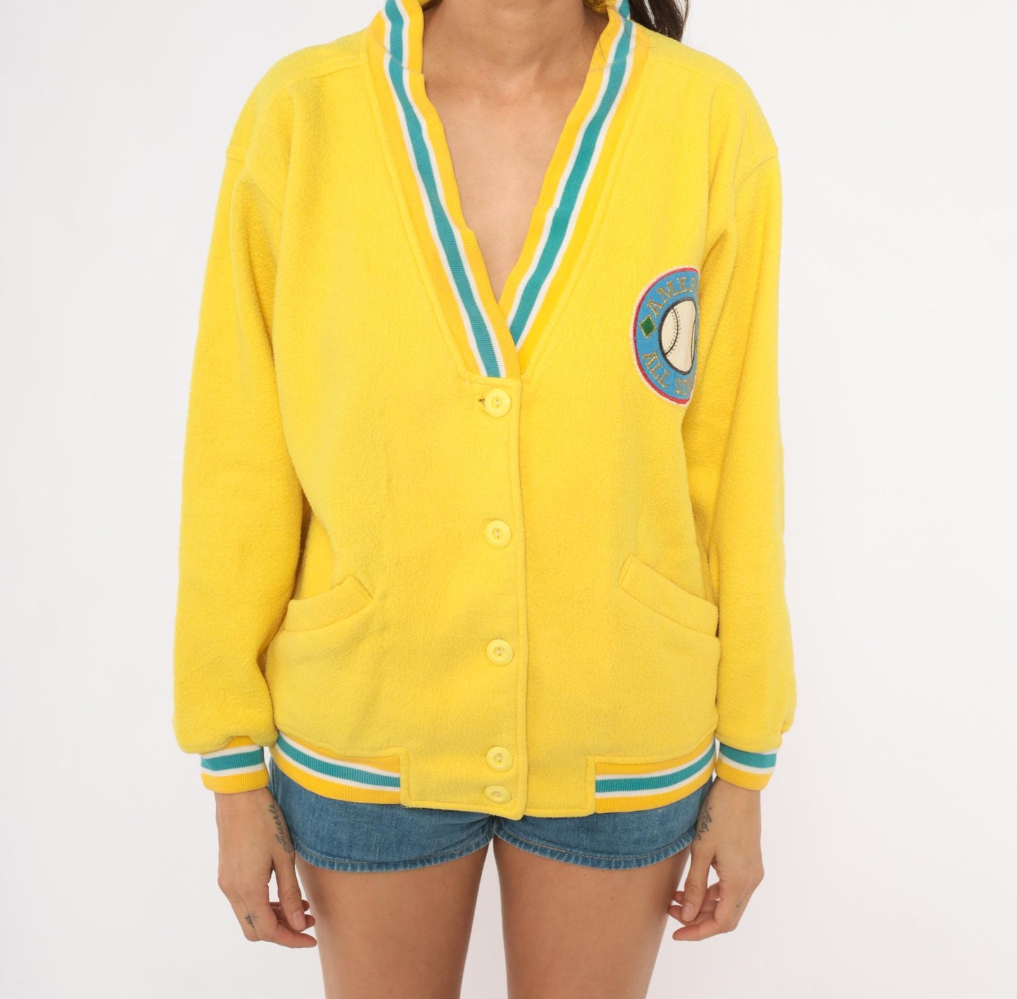90s Energie Yellow Varsity Cardigan Baseball Patch Teal Striped Small S
