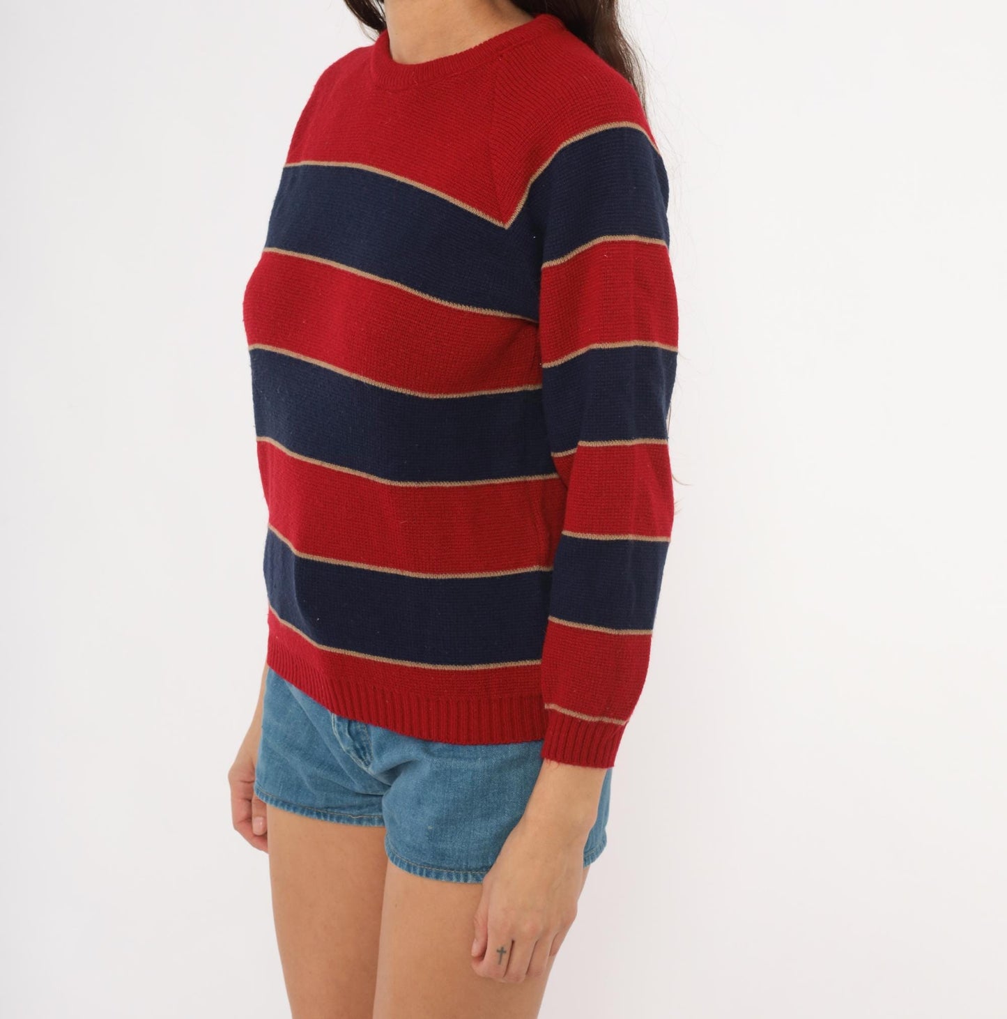 80s Striped Raglan Pullover Sweater Red Navy Burgundy Knit Small