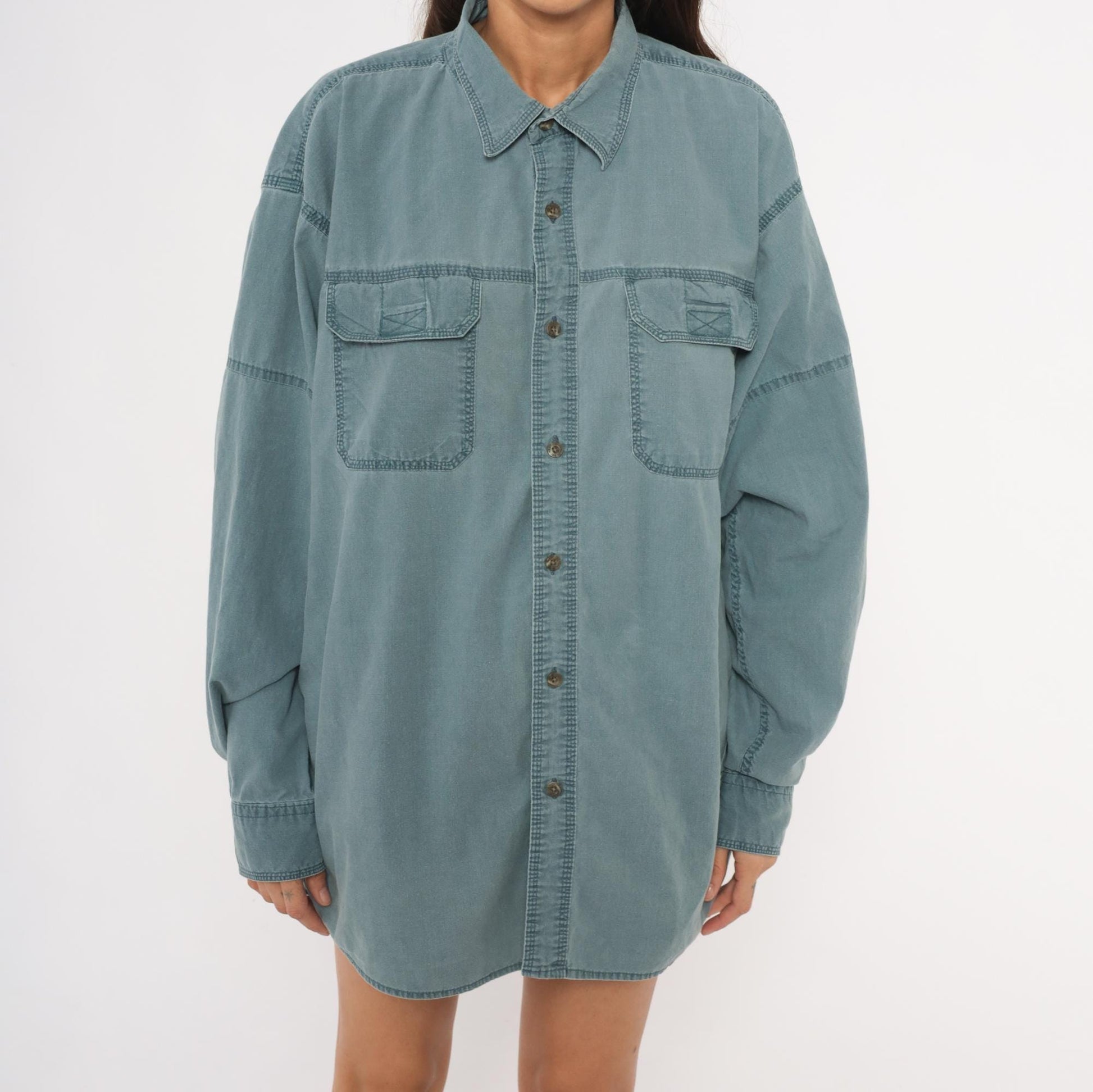 2000s Redhead Slate Blue Cotton Work Shirt Pointed Collar Chest Pockets Extra Large XL