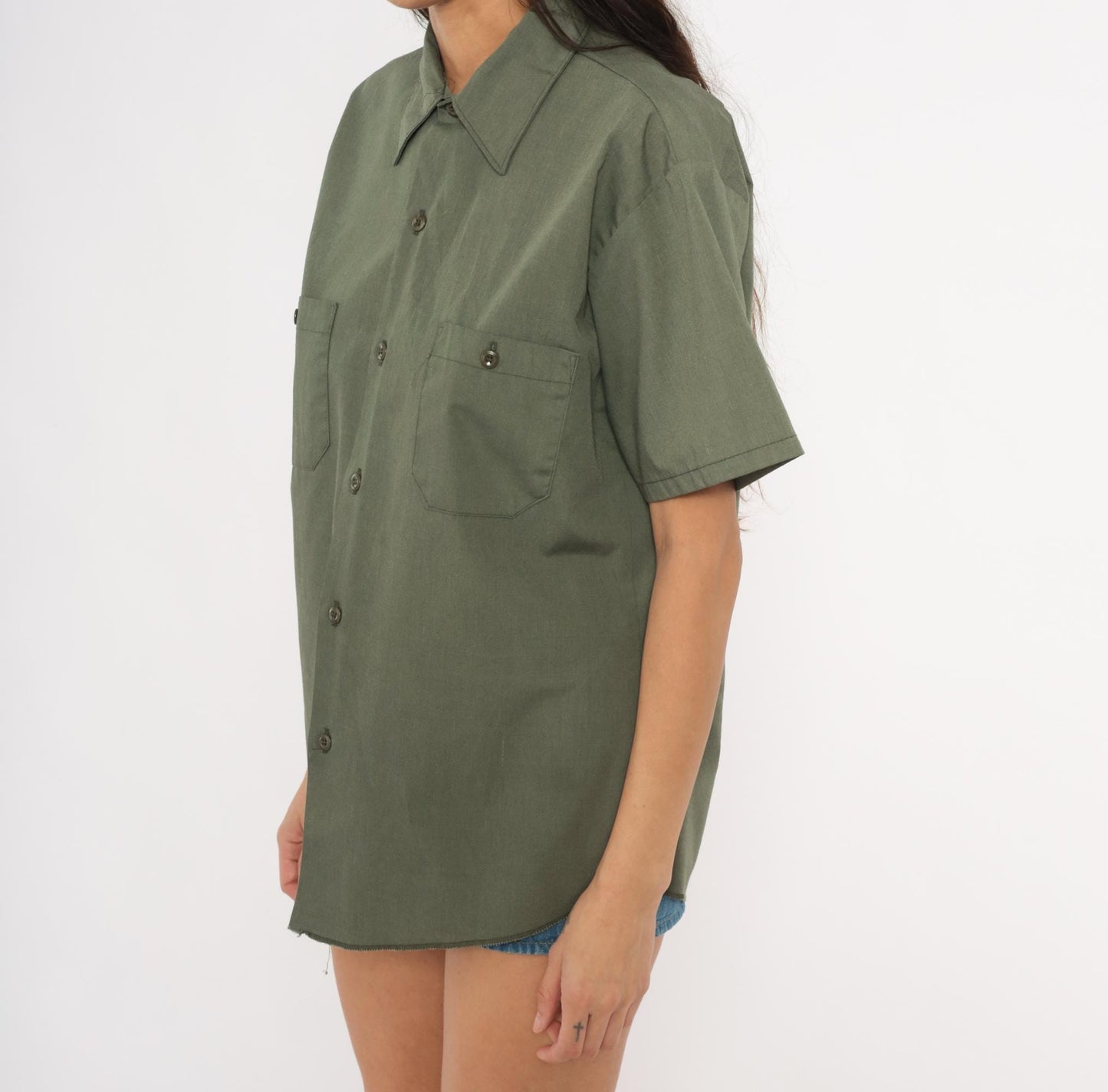 70s Sears Olive Work Shirt Pointed Collar Short Sleeve Utility Blouse Medium M