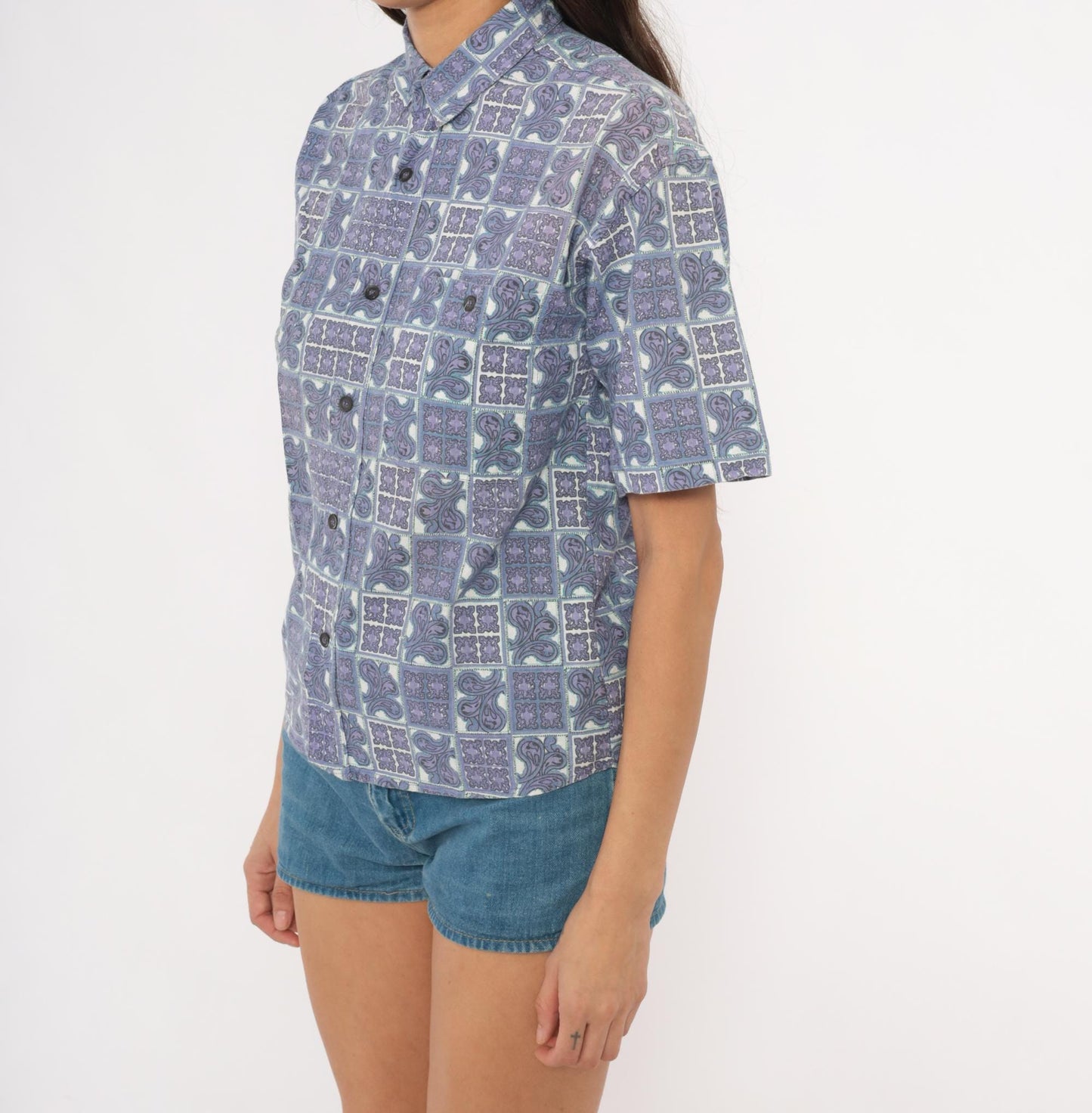 90s Tomorrow's Generation Tile Print Shirt Purple Paisley Cotton XS