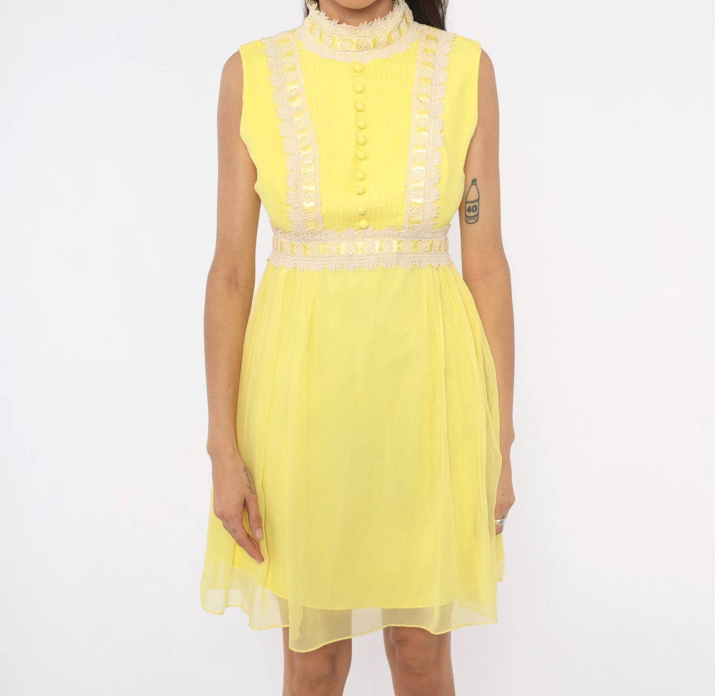 1970s Yellow Chiffon Mini Dress Lace Trim Mock Neck Pintuck Bodice Small