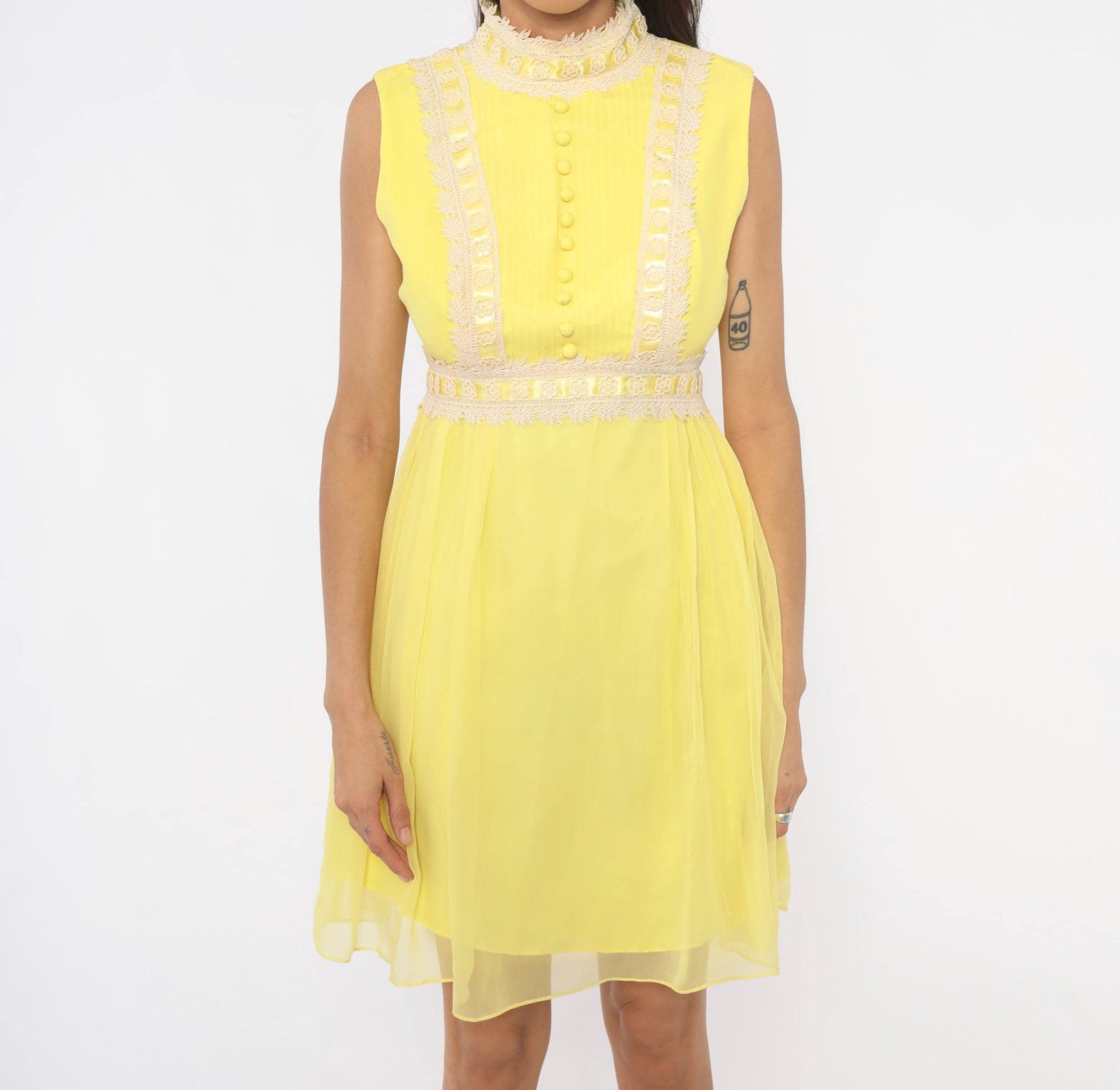 1970s Yellow Chiffon Mini Dress Lace Trim Mock Neck Pintuck Bodice Small