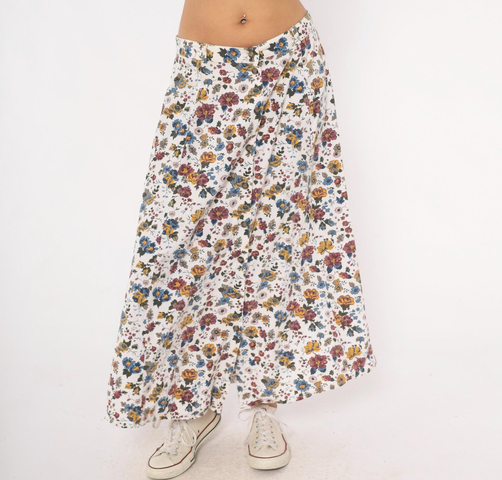 90s White Stag Floral Maxi Skirt Burgundy Mustard Garden Print Large L