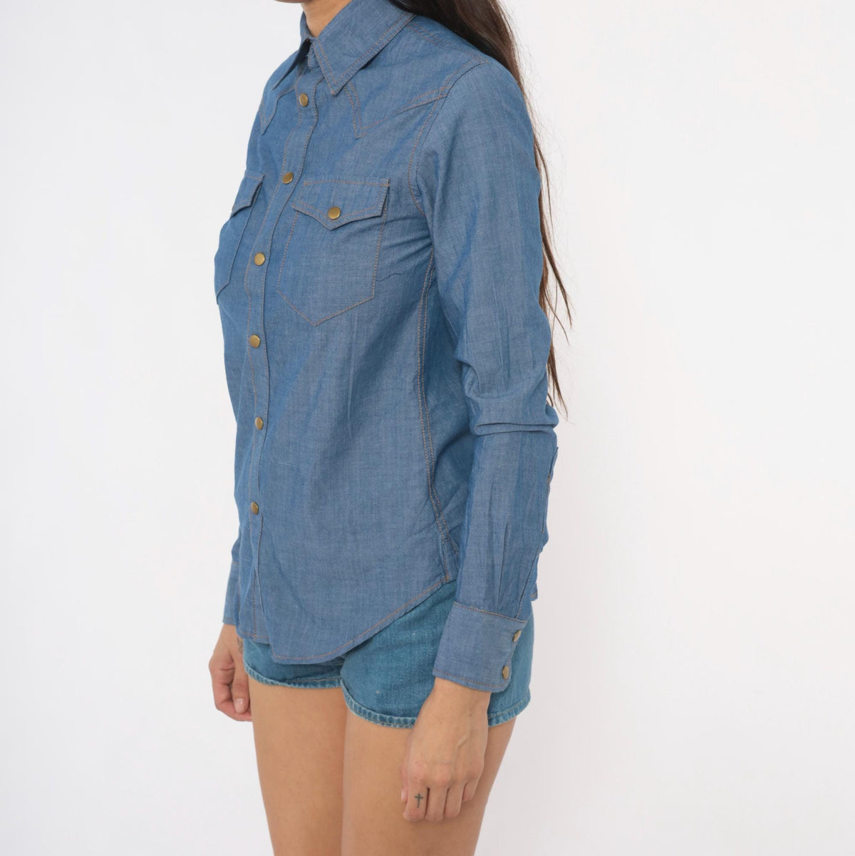 80s O'Harrow Western Chambray Shirt Pearl Snap Button Blue Cotton Small